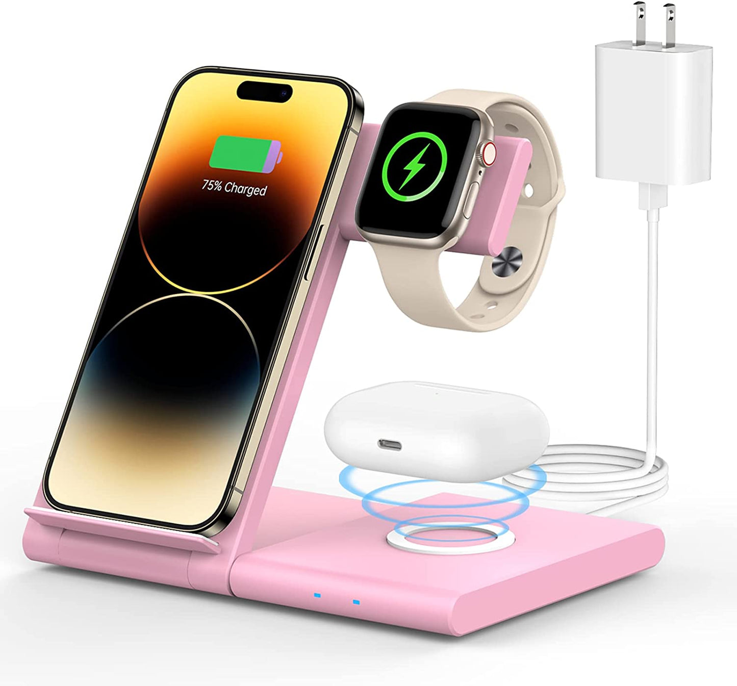 Wireless Charging Station WATOE 3 in 1 Fast Wireless Charger Stand Foldable for Iphone 14/13/12/11 (Pro, Pro Max)/Xs/Xr/X/8 (Plus), Apple Watch Series 8/7/6/SE/5/4/3/2 & Airpods 3/2/Pro with Adapter  Bormmie Pink  