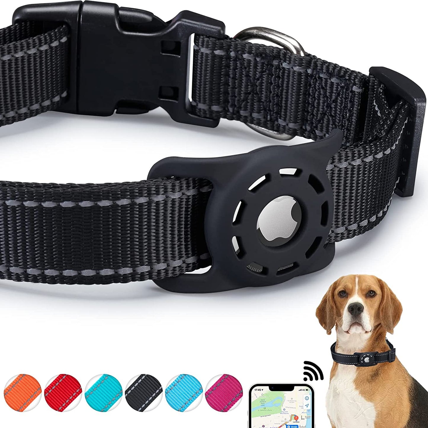 KONITY Reflective Airtag Dog Collar, Compatible with Apple Airtag, Nylon Pet Cat Puppy Collar with Silicone Airtag Holder for Small, Medium, Large, and Extra Large Dogs  Konity Black L: 14.2"-23.6" neck 