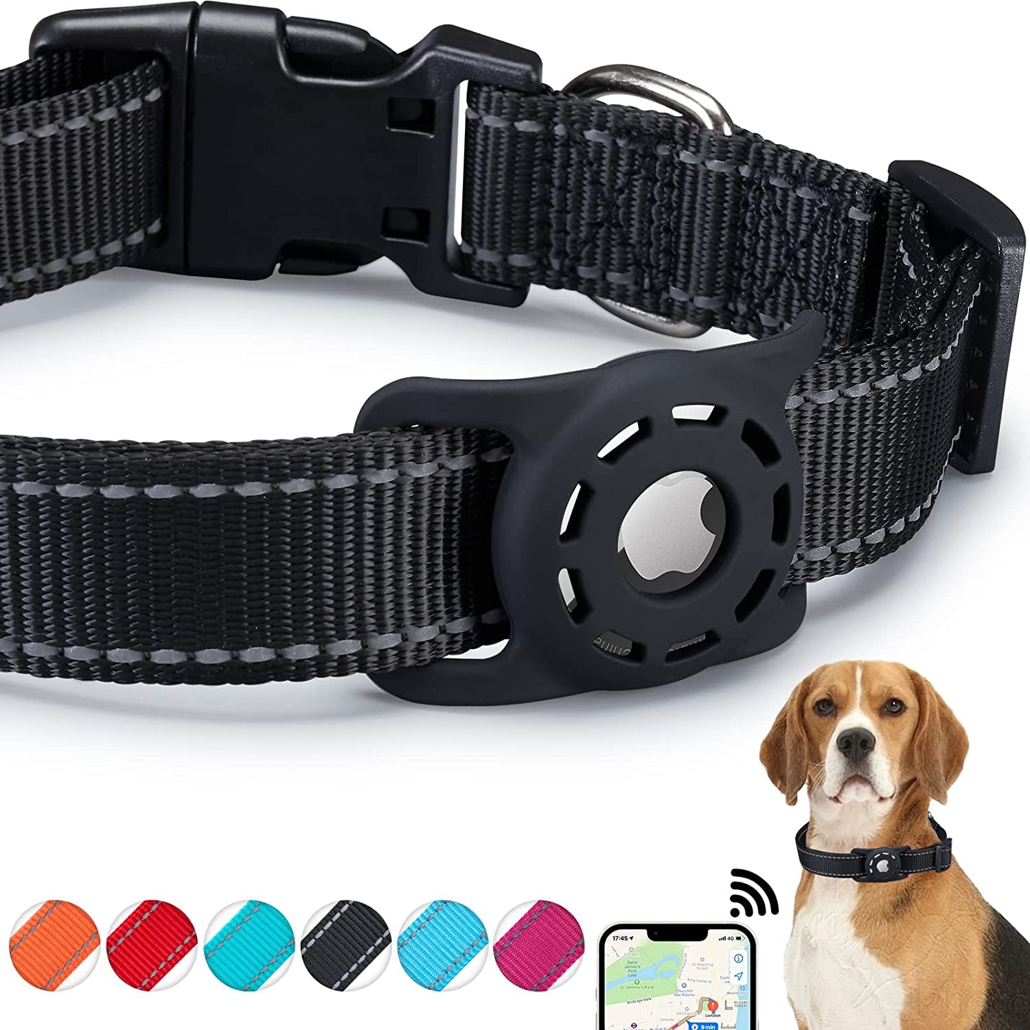 KONITY Reflective Airtag Dog Collar, Compatible with Apple Airtag, Nylon Pet Cat Puppy Collar with Silicone Airtag Holder for Small, Medium, Large, and Extra Large Dogs  Konity Black L: 14.2"-23.6" neck 