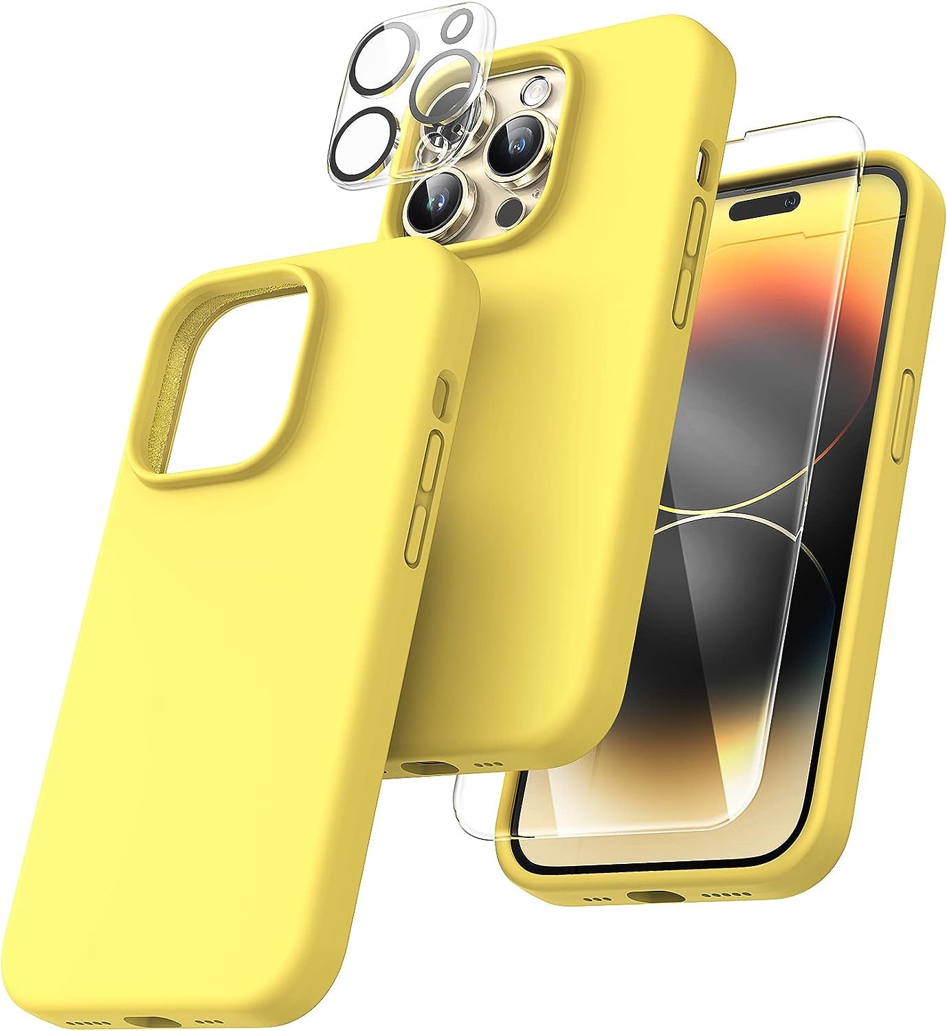 TOCOL [5 in 1 Designed for Iphone 14 Pro Case, with 2 Pack Screen Protector + 2 Pack Camera Lens Protector, Liquid Silicone Phone Case 6.1 Inch, [Anti-Scratch] [Drop Protection], Alpine Green  TOCOL Canary Yellow  