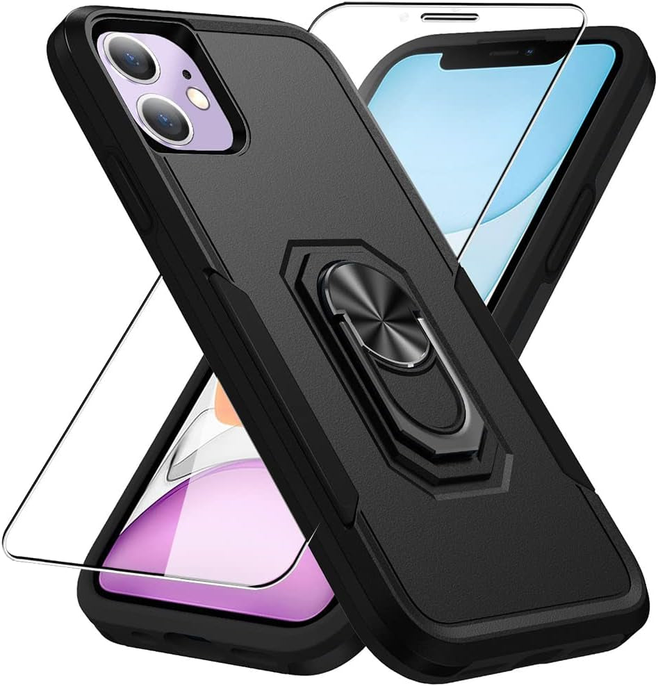 Niopiee for Galaxy A32 5G Case Heavy Duty Shockproof Armor Case Hybrid Rugged Protective Phone Cover for Samsung A32 Full Body Anti-Scratch Magnetic Kickstand with Glass Screen Protector Black  NIOPIEE Iphone 11  