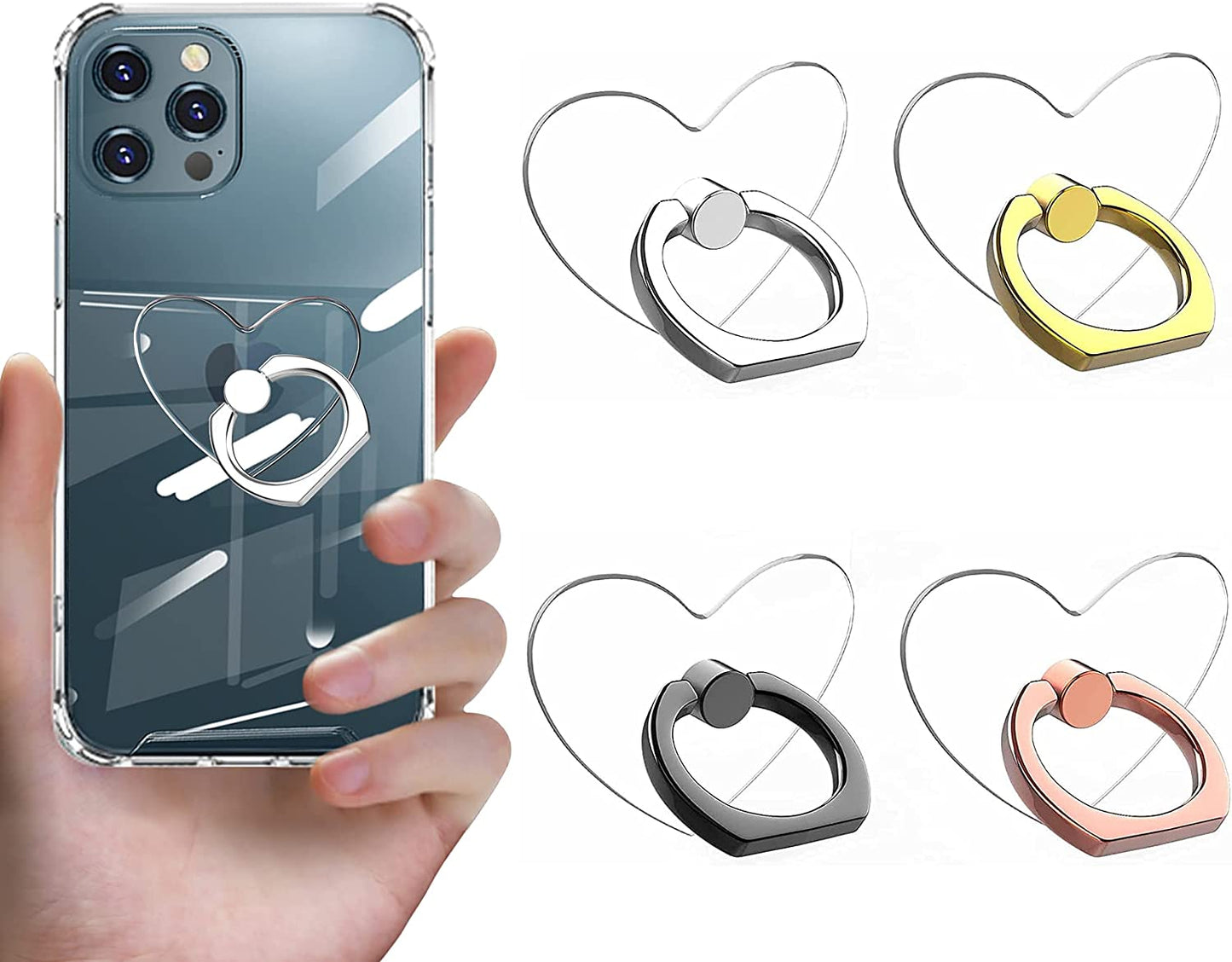 Vesmatity Colorful Cell Phone Ring Holder Stand 4 Pack Transparent Phone Ring Holder Clear Universal 360° Degree Rotation Finger Grip Ring Kickstand Compatible Various Mobile Phones or Phone Case  VESMATITY Heart -black sliver gold Rose gold  