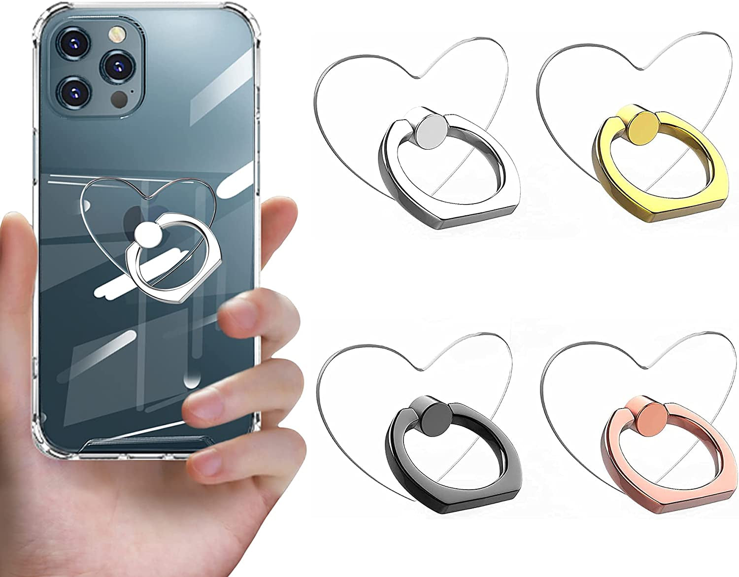 Vesmatity Colorful Cell Phone Ring Holder Stand 4 Pack Transparent Phone Ring Holder Clear Universal 360° Degree Rotation Finger Grip Ring Kickstand Compatible Various Mobile Phones or Phone Case  VESMATITY Heart -black sliver gold Rose gold  