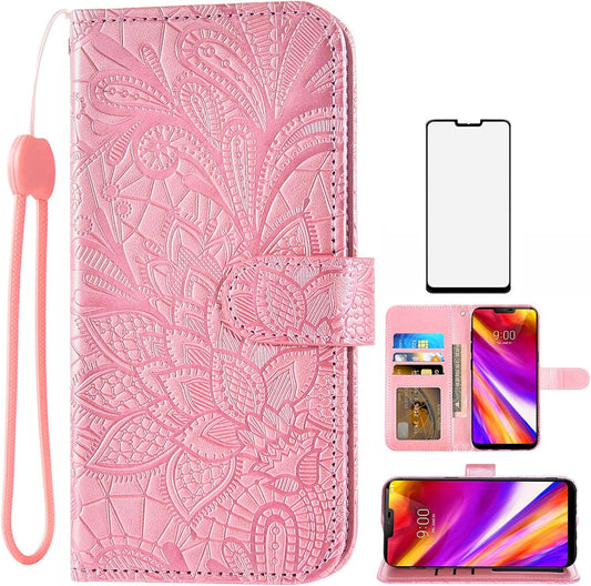 Asuwish Compatible with LG G7 Thinq Case and Tempered Glass Screen Protector Card Holder Lace Wallet Phone Cases for LGG7 One G 7 plus LG7 Fit Lg7Thinq 7G Thin Q G7+ G7Thinq Lgg7Thinq Women Rose Gold  Asuwish   