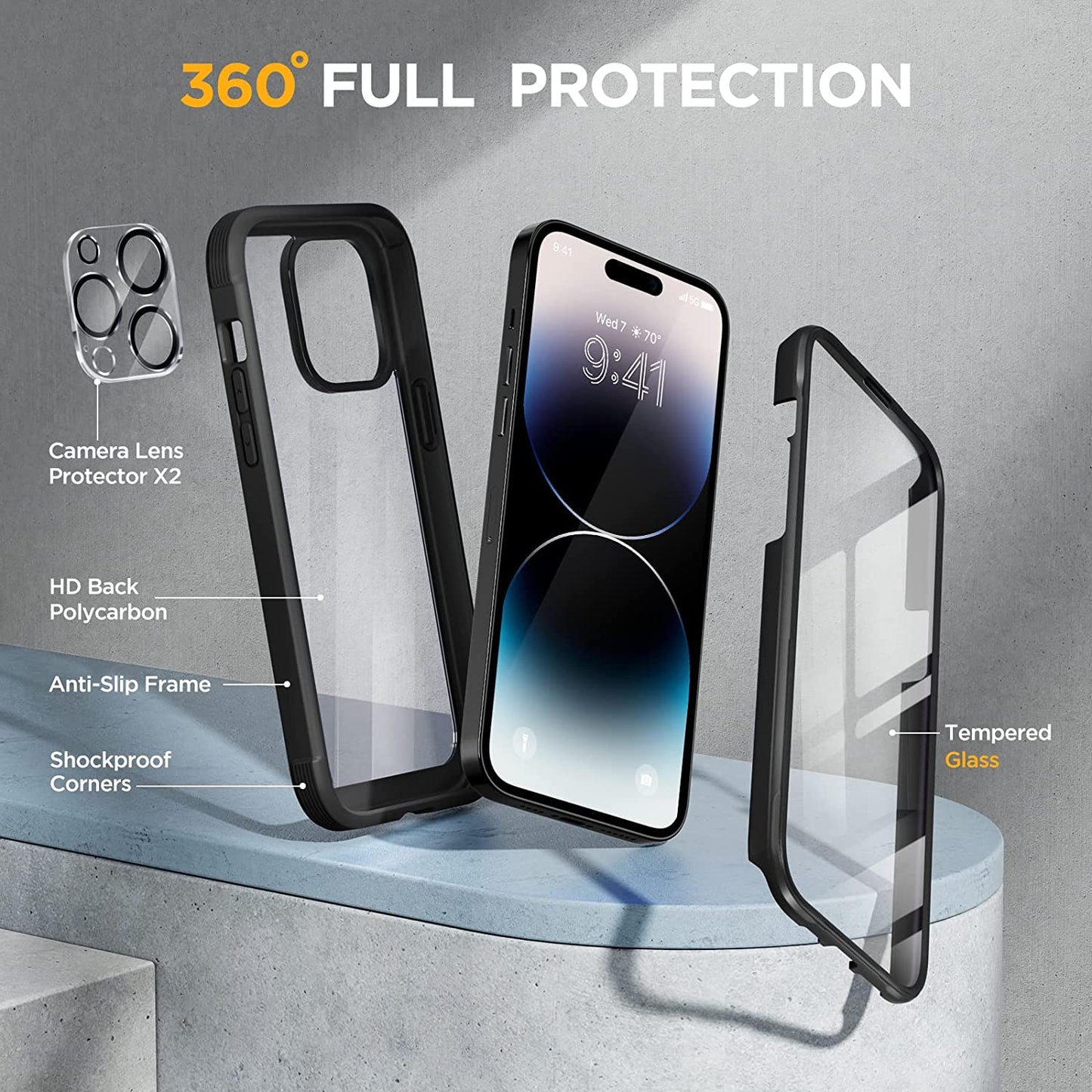 Miracase Glass Series Compatible with Iphone 14 Pro Case 6.1 Inch, 2023 Full-Body Clear Bumper Case with Built-In 9H Tempered Glass Screen Protector, with Camera Lens Protector, Black  Miracase   