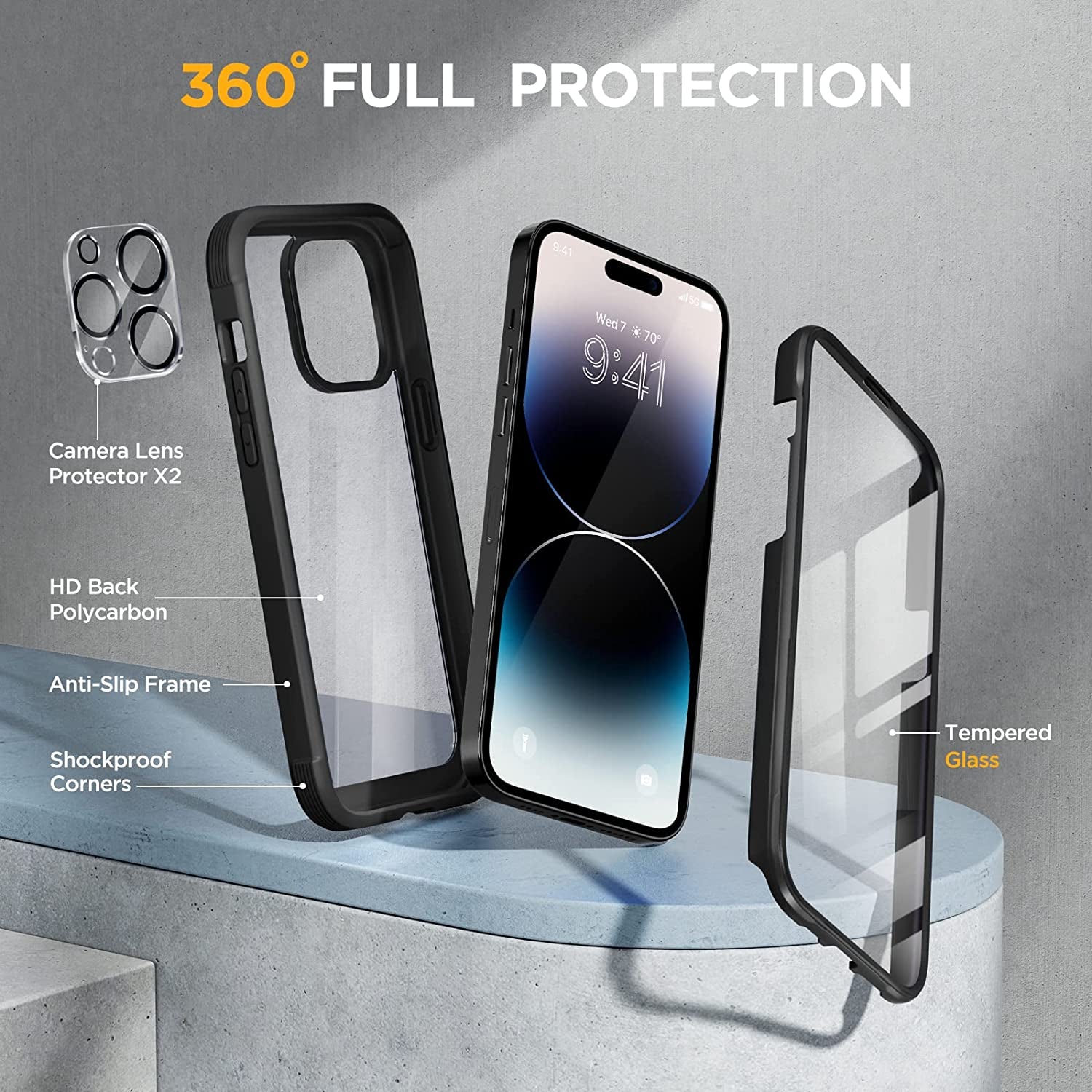 Miracase Glass Series Compatible with Iphone 14 Pro Case 6.1 Inch, 2023 Full-Body Clear Bumper Case with Built-In 9H Tempered Glass Screen Protector, with Camera Lens Protector, Black  Miracase   