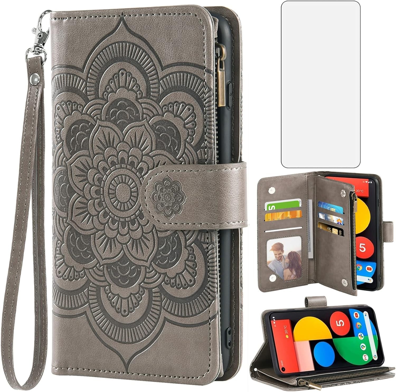 Asuwish Phone Case for Google Pixel 4A 5G 6.2 Wallet Cover with Tempered Glass Screen Protector and Flower Flip Credit Card Holder Stand Cell Pixel4A5G UW Pixel4A 5G Pixle A4 G5 4A5G Women Men Blue  Asuwish Gray For Pixel 4A 5G 