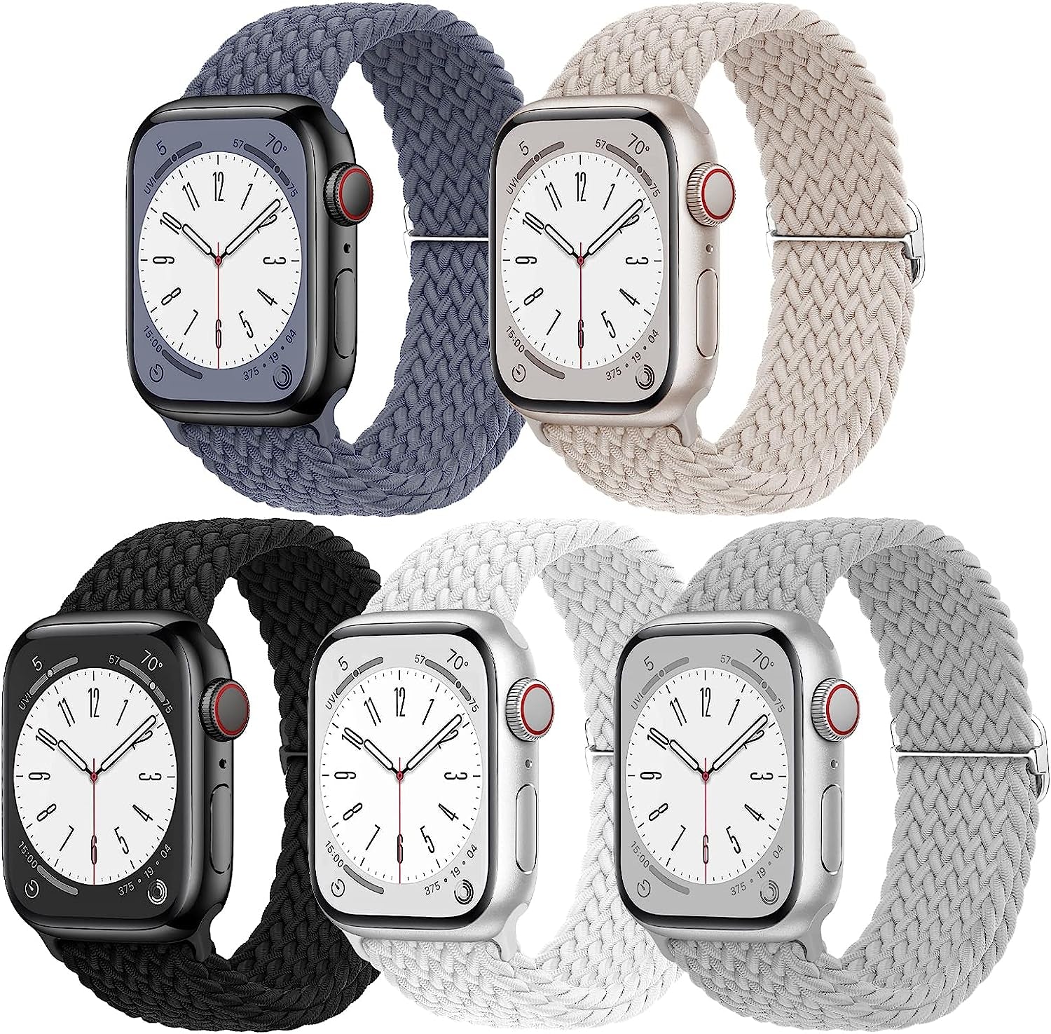 EOMTAM 5 Pack Braided Stretchy Straps Compatible for Apple Watch Band 49Mm 45Mm 44Mm 42Mm 38Mm 40Mm 41Mm Men Women ,Sport Elastic Nylon Cloth Adjustable Wristbands for Iwatch Series Ultra 8 SE 7 6 5 4 3  EOMTAM Black/White/Gray/Starlight-Silver/Blue Gray 41MM/40MM/38MM 
