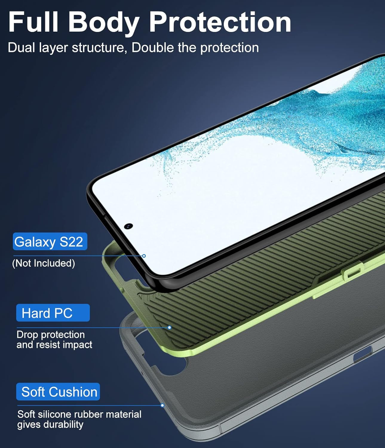 Dahkoiz for Samsung Galaxy S22 Case, Dust-Proof Port Cover, Full Body Durable Silicone Rubber Phone Case for Samsung Galaxy S22 5G, Green/Grey  UNISMART INC   