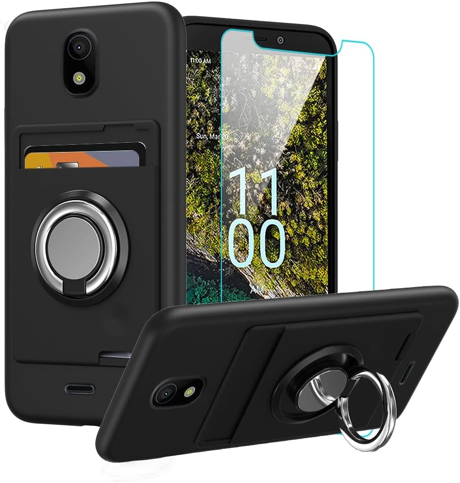 Anneey for Oneplus 11 5G Phone Case with Tempered Glass Screen Protector, Card Holder with Ring Stand Case for 1+ 11 5G Cover - Black  Anneey   