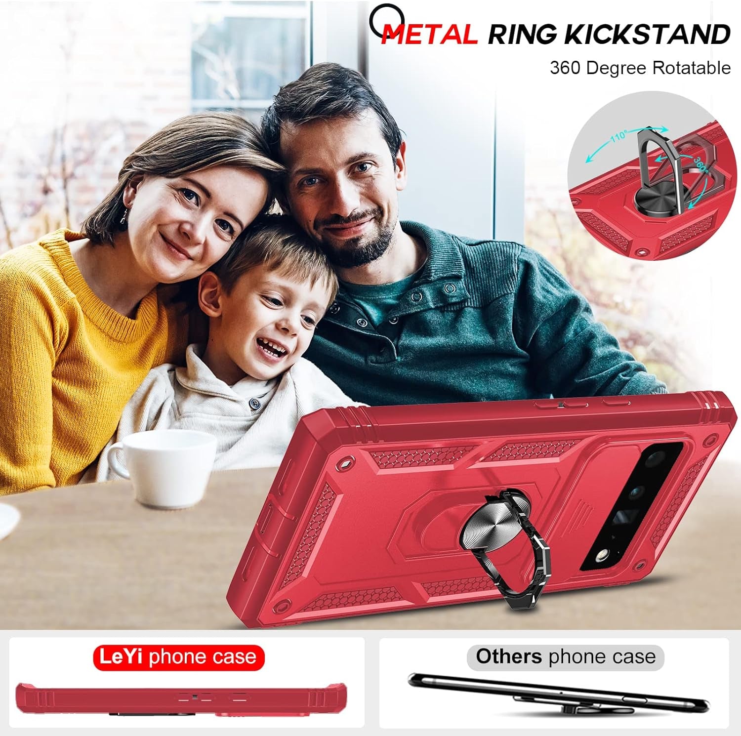 Leyi for Google Pixel 6 Pro Case: Case for Pixel 6 Pro with Slide Camera Cover, 360 Full Body Military-Grade Phone Case with Kickstand for Pixel 6 Pro, Red  LeYi   