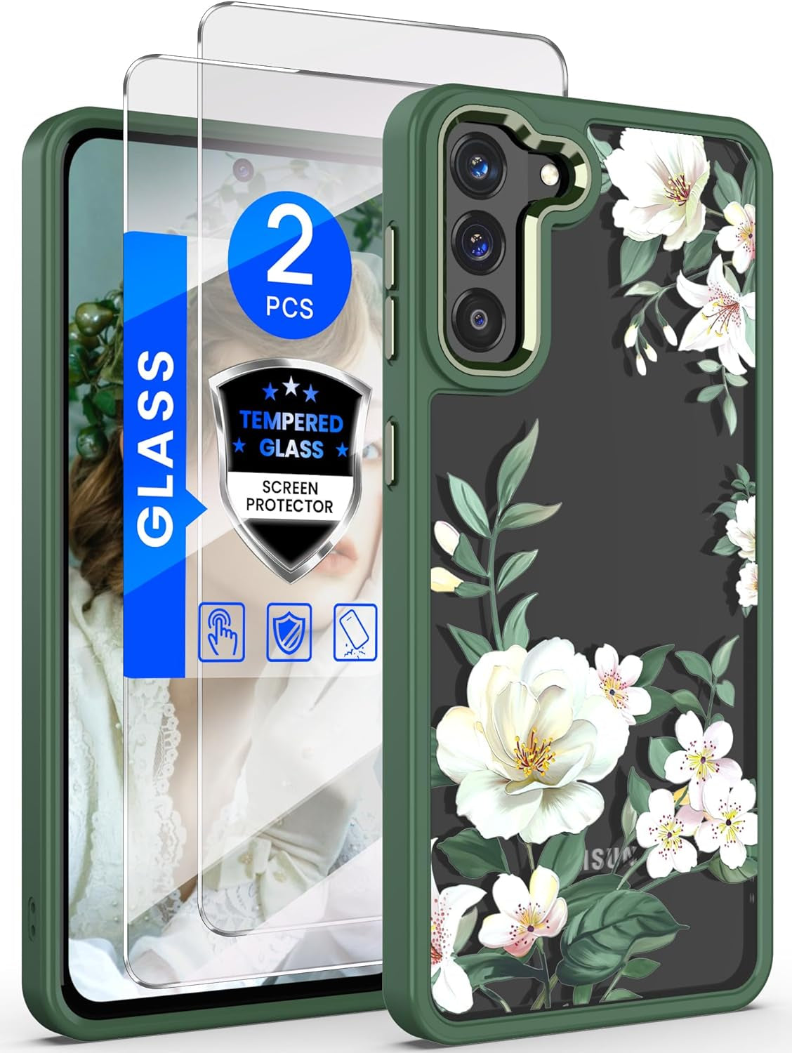 Dretal for Samsung Galaxy S21 plus 5G Case Floral, Galaxy S21+ Case, Military Grade Drop Tested Hard Back & Soft Edge Slim Flower Women Girls Protective Cover +Tempered Glass Screen Protector (Purple)  Dretal Green  