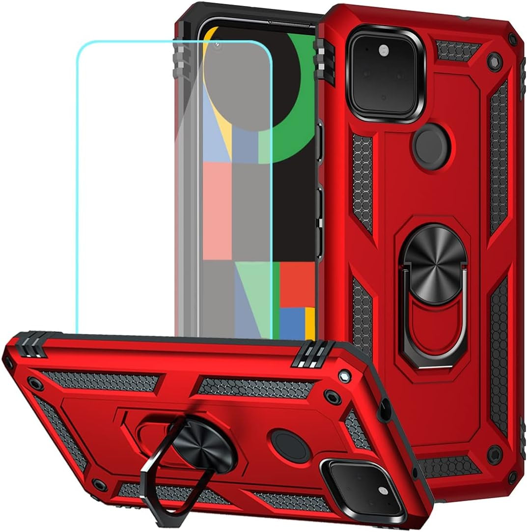Yerebel for Pixel 4A 5G Case, Pixel 5XL G025I Case with Tempered Glass Screen Protector, [Military Grade] [Metal Ring] [Magnetic Support] Defender Heavy Duty Armor Cover for Google Pixel 4A 5G (Black)  Yerebel Red  