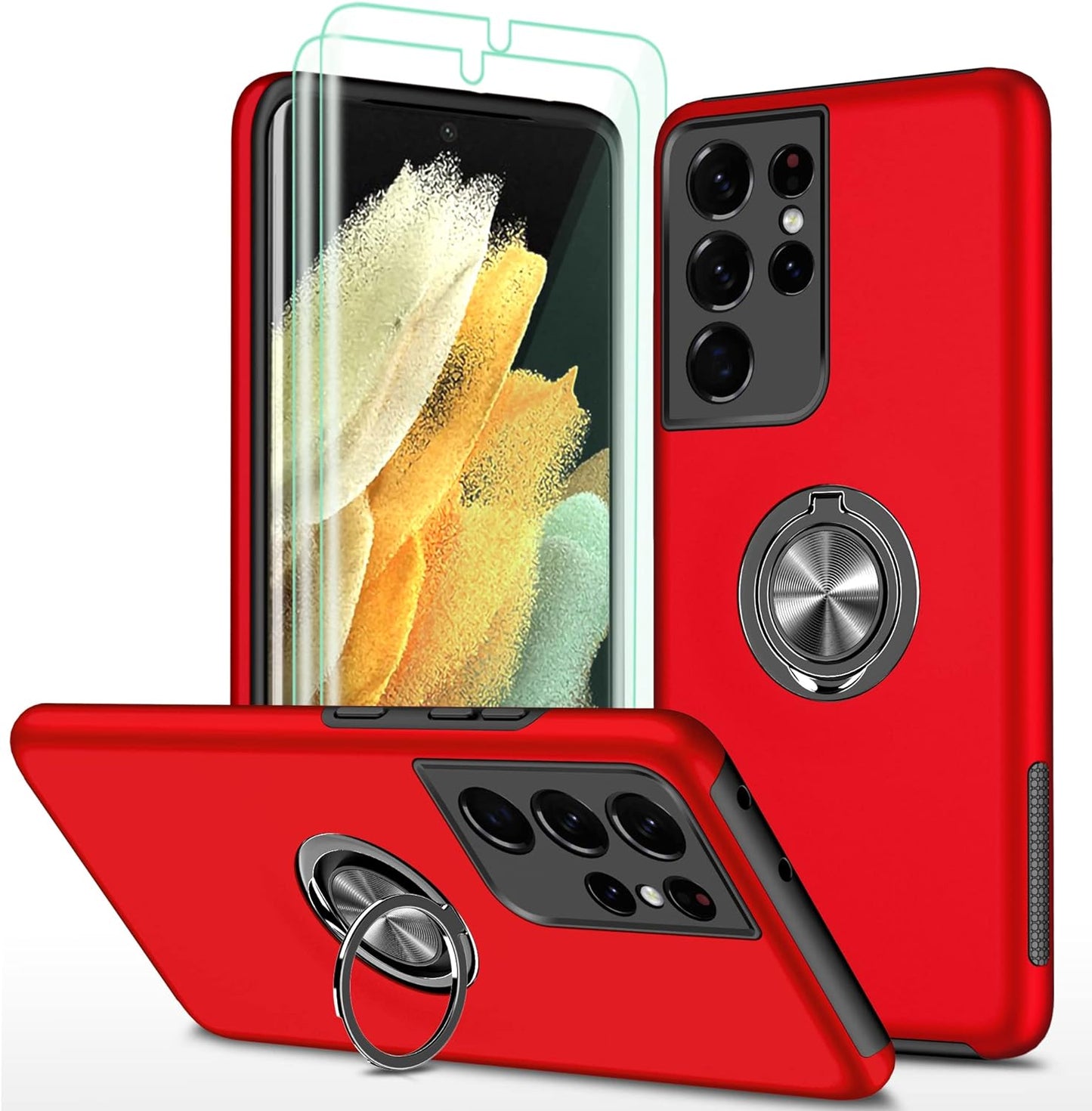 HONG-AMY for S21 Ultra Case, Samsung Galaxy S21 Ultra Case with Self Healing Flexible TPU Screen Protector[2 Pack], Military Grade Invisible Kickstand Phone Case for Galaxy S21 Ultra 5G-Green  HONG-AMY Red  