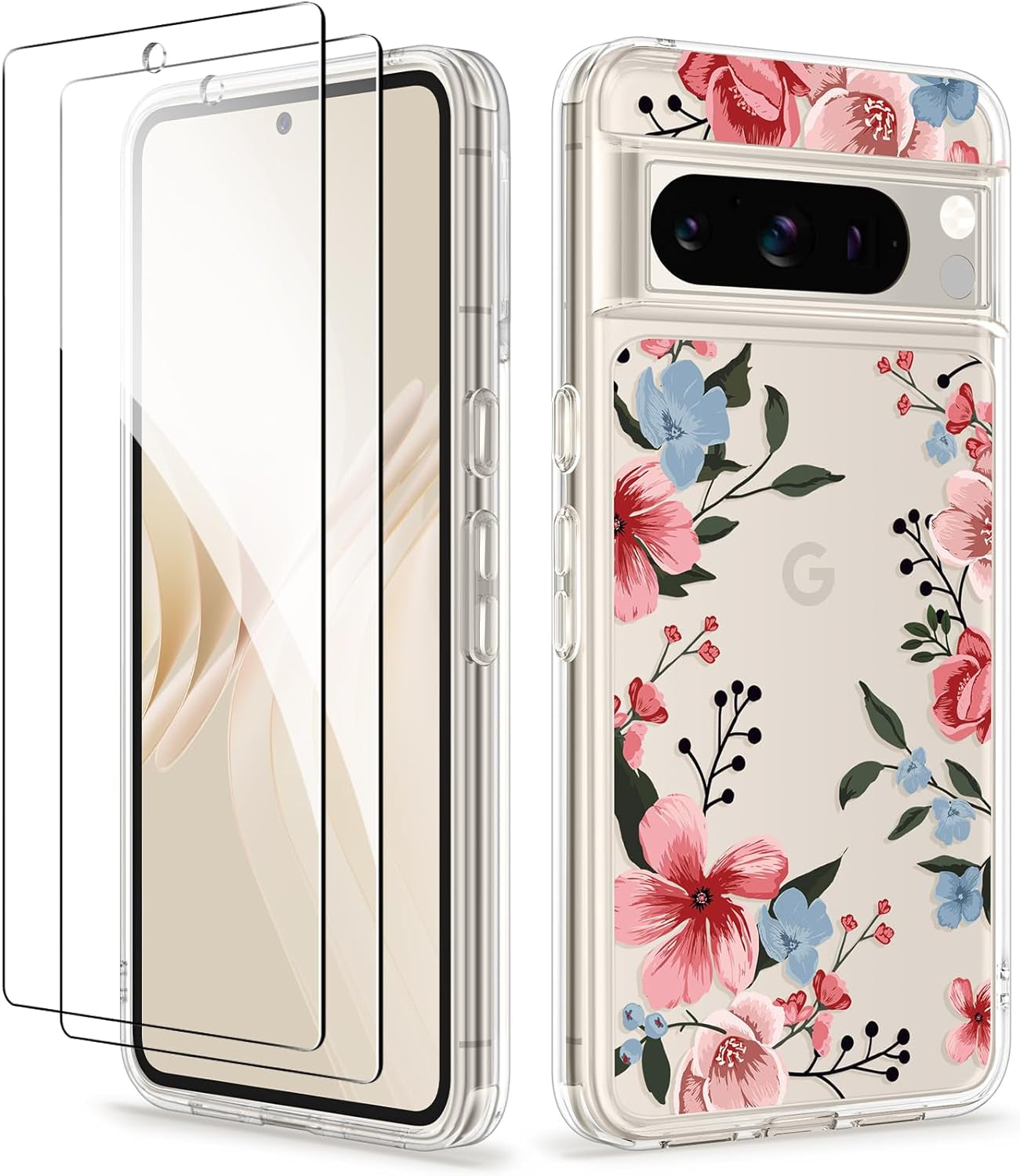 GVIEWIN Compatible with Google Pixel 8 Pro Case, with 2X Screen Protectors, [Not Yellowing + Military Grade Drop Tested] Clear Floral Slim Shockproof Protective Women Phone Case(Catharanthus/Pink)  GVIEWIN   