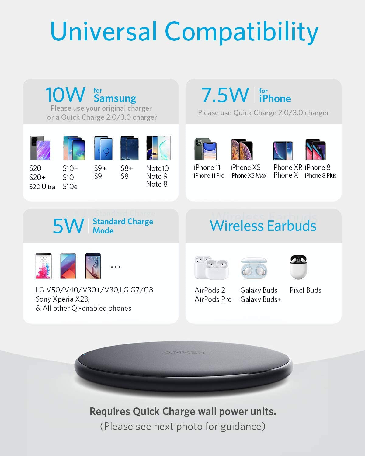 Anker Wireless Charger, 313 Wireless Charger (Pad), Qi-Certified 10W Max for Iphone 14/14 Pro/14 Pro Max/13/13 Pro Max, Airpods (No AC Adapter, Not Compatible with Magsafe Magnetic Charging)  Anker   