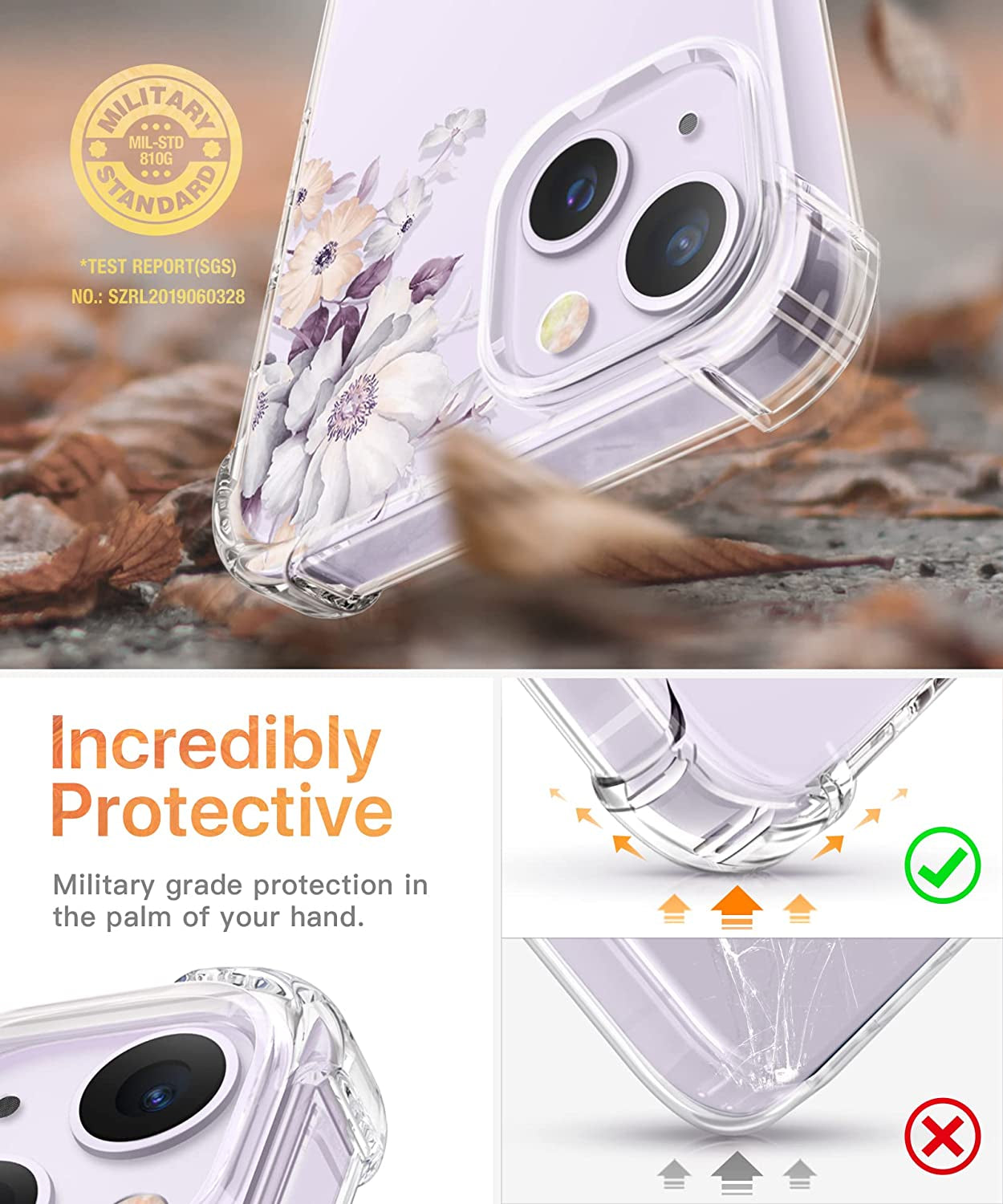 GVIEWIN Compatible with Iphone 14 Case with Screen Protector + Camera Lens Protector, Soft Shockproof Clear Floral Phone Protective Cover for Women, Flower Pattern Design 6.1" (Aster/Purple)  GVIEWIN   