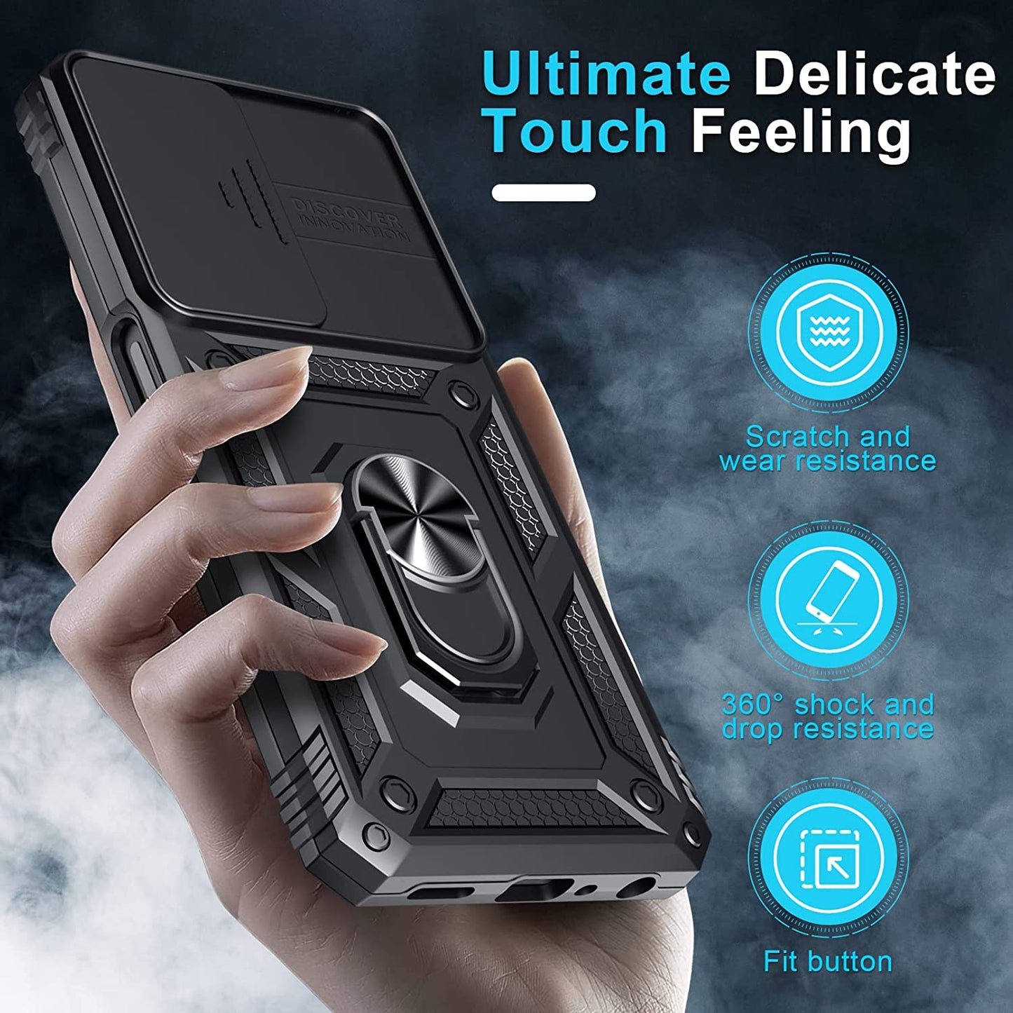 Janmitta Oneplus Nord N300 5G Case Built in Slide Camera Lens Cover and Screen Protector,Heavy Duty Shockproof Full Body Protective Phone Cover,Built in Finger Ring Stable Holder Kickstand,2022 Black  Janmitta   