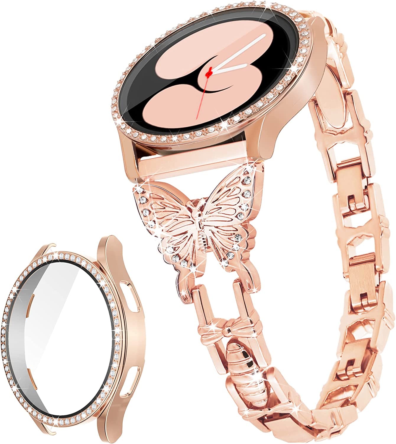 G-Ficu Galaxy Watch 4 Band 20Mm Butterfly Band for Samsung Galaxy Watch 5 & 4 Band 40Mm 44Mm, Women Bling Diamond Slim Band, Cute Luxury Metal Band for Watch 5 Pro/Watch 4 Classic 42Mm 46Mm/Watch 3 41Mm/Active 2(Rose Gold)  Green ficus Rose Gold Band & Case (For Galaxy Watch 4 & 5) 20mm Width + 40mm Case 