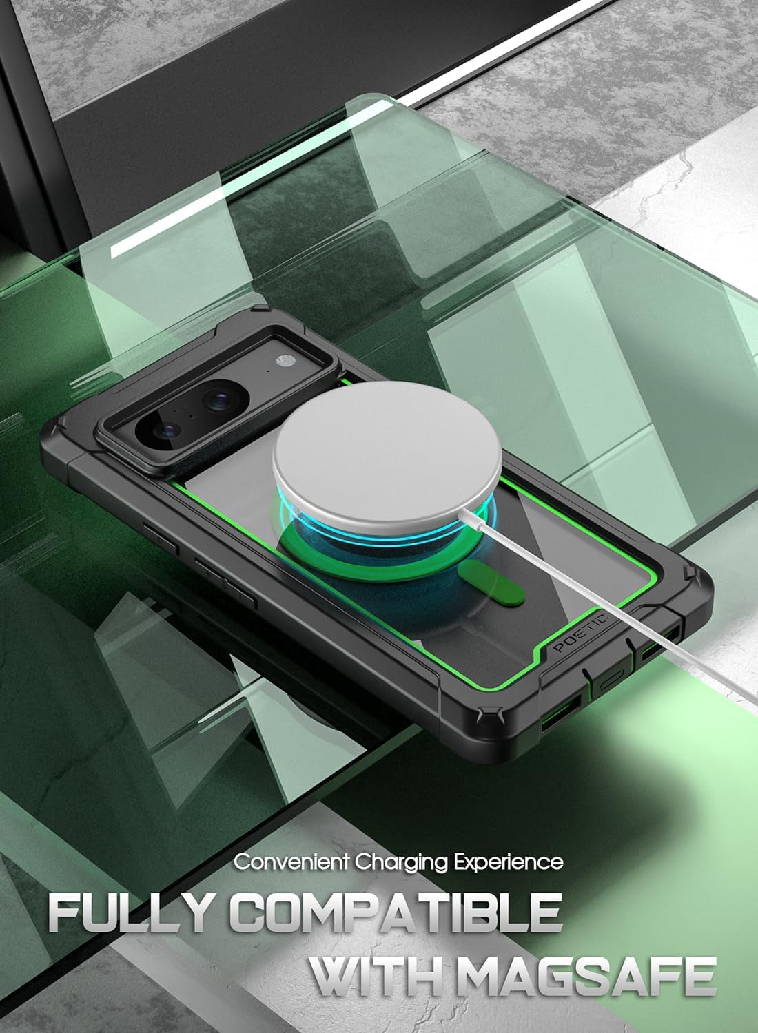 Poetic Guardian Magpro Case for Google Pixel 8 6.2 Inch, [Compatible with Magsafe] [20FT Mil-Grade Drop Tested], Full Body Hybrid Shockproof Bumper Cover with Built-In Screen Protector, Green/Clear  Poetic   