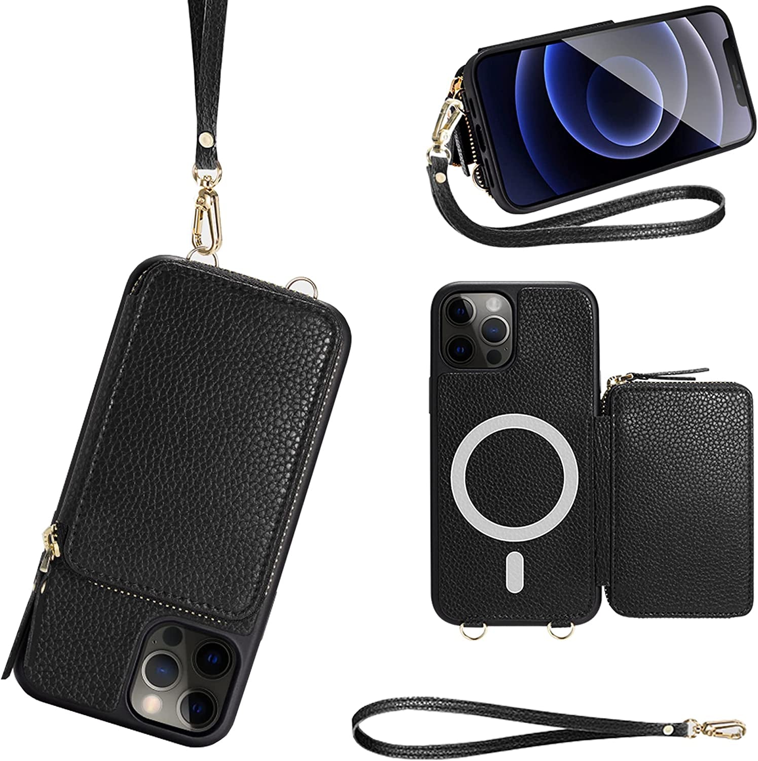 ZVE Wallet Case for Iphone 14 Pro Max 6.7 Inch, Magsafe Zipper Leather RFID Blocking Cards Holder Slots Case with Magnetic Wireless Charging, Protective Cover for Iphone 14 Pro Max 6.7"(2022)-Black  ZVE Black iPhone 12 Pro Max 