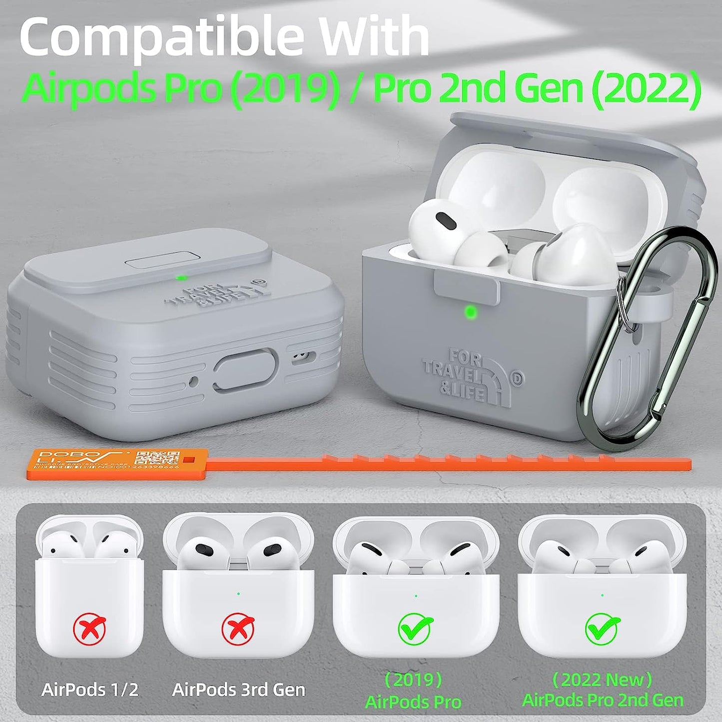 Airpods Pro 2Nd/1St Generation Case Cover,Secure Lock Full Protective Silicone Skin Accessories for Women Men with Apple Airpods Pro 2022/2019 Charging Case,Design by Doboli,Gray  Doboli   