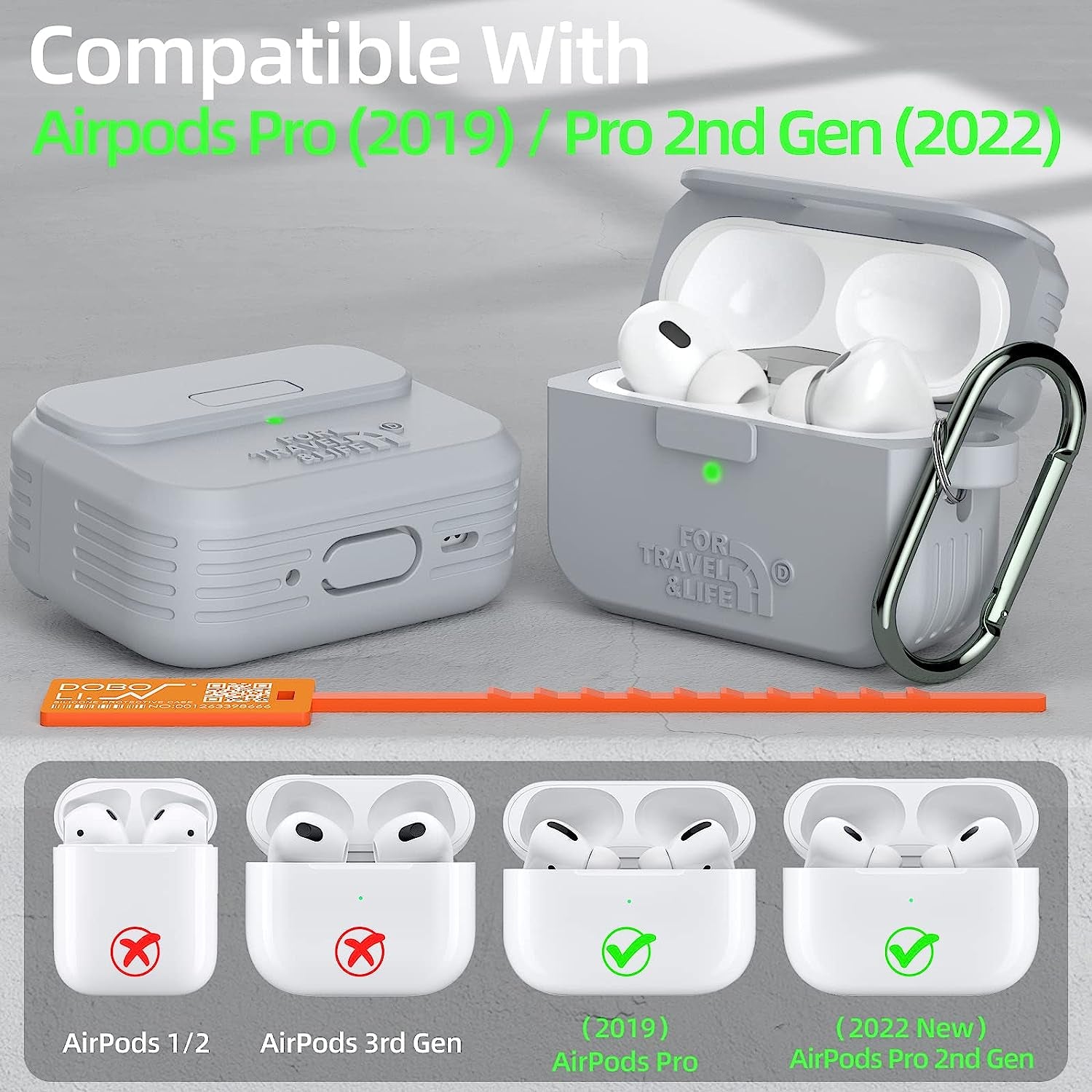 Airpods Pro 2Nd/1St Generation Case Cover,Secure Lock Full Protective Silicone Skin Accessories for Women Men with Apple Airpods Pro 2022/2019 Charging Case,Design by Doboli,Gray  Doboli   