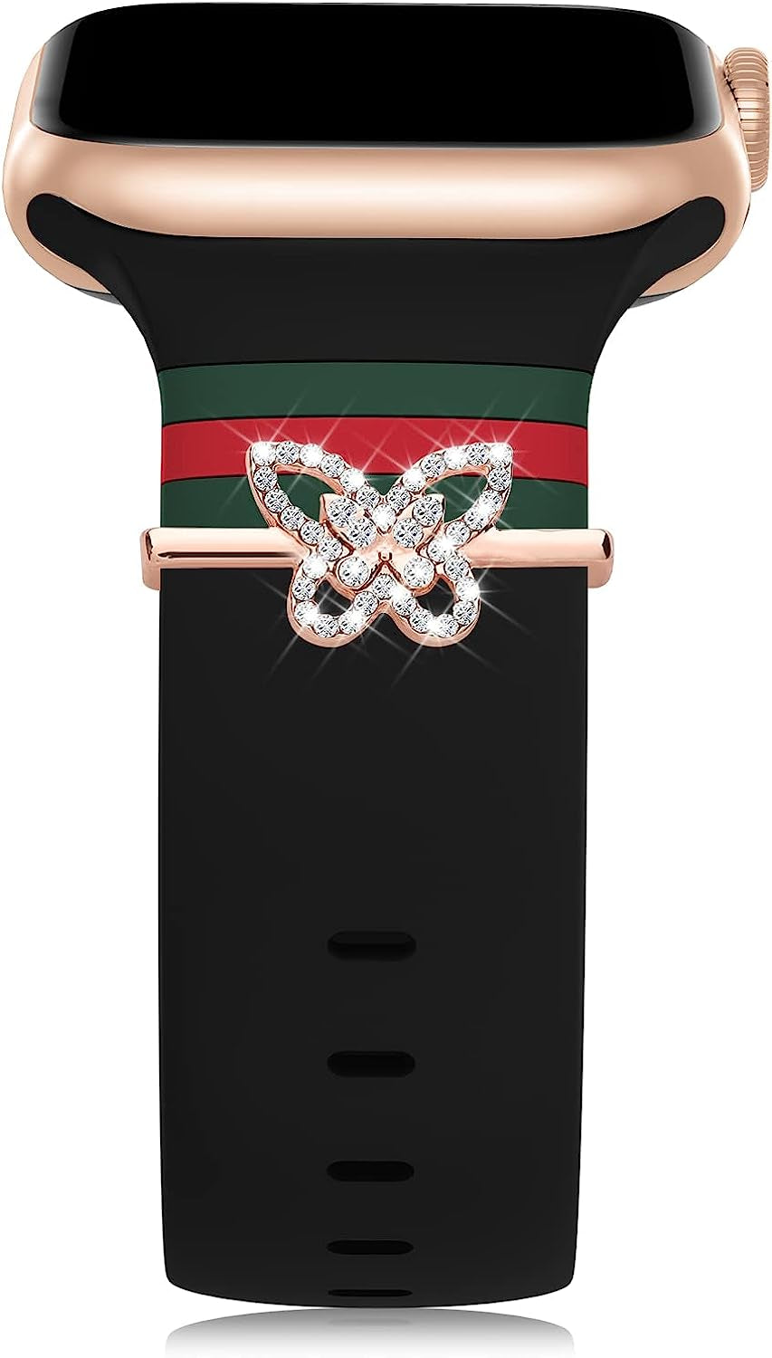 Designer Bands with Charms Decor Compatible with Apple Watch Band 38Mm 40Mm 41Mm 42Mm 44Mm 45Mm 49Mm for Women, Stylish Soft Silicone Sport Strap for Apple Watch Ultra Iwatch Series 8 SE 7 6 5 4 3 2 1  Seizehe Black/Army Green/Red with Drill Butterfly 38mm/40mm/41mm 