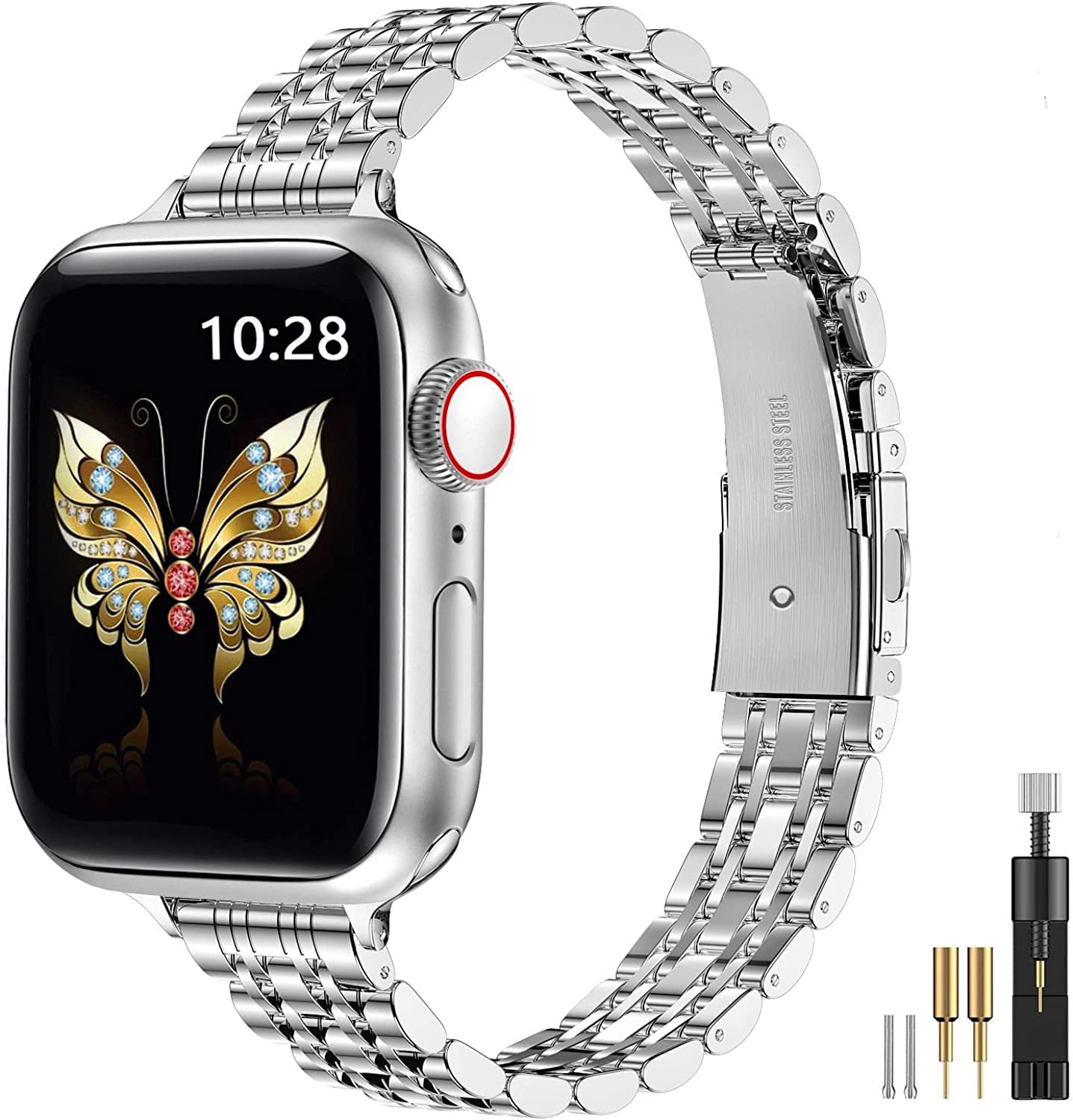 Miohhr Slim Metal Bands Compatible with Apple Watch Band Series 8/7(45Mm 41Mm),Series SE 6/5/4(40Mm 44Mm),Series 3/2 /1(38Mm 42Mm), Thin Stainless Steel Chain Strap for Women Iwatch Band  MioHHR Silver 41mm 40mm 38mm 