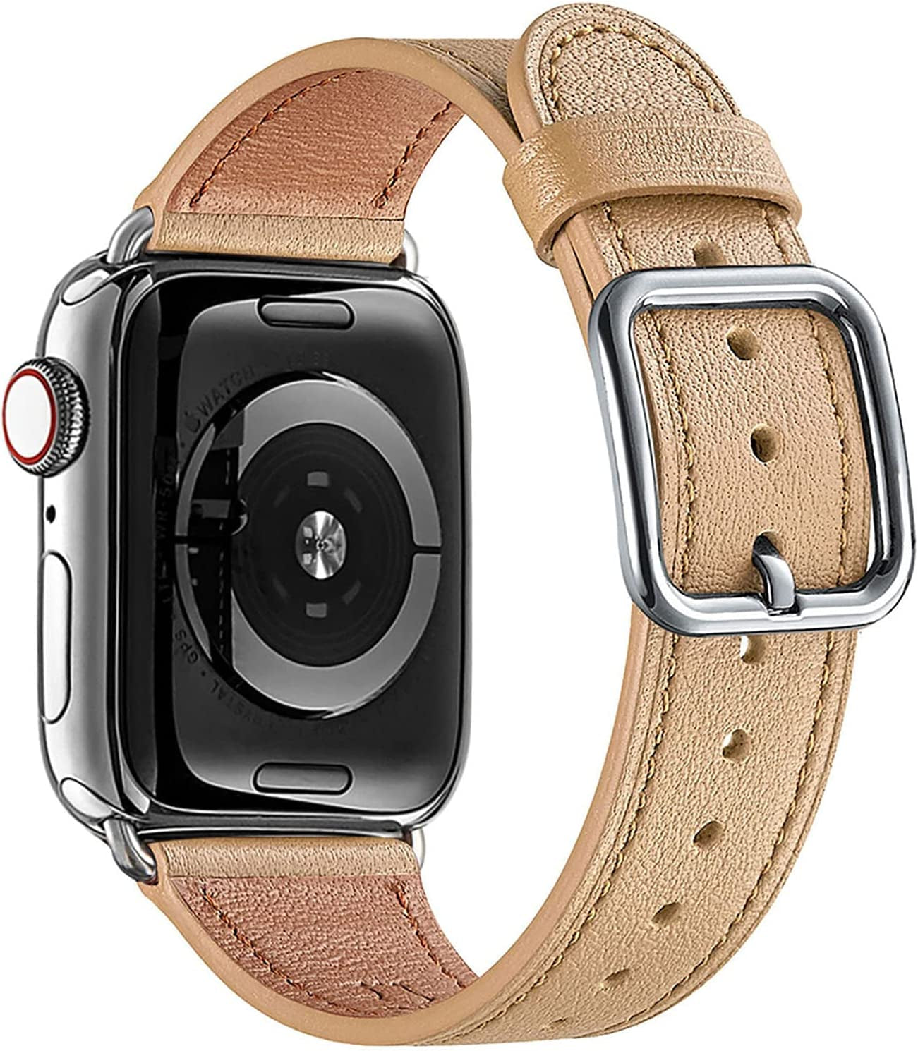 MNBVCXZ Compatible with Apple Watch Band 38Mm 40Mm 41Mm 42Mm 44Mm 45Mm 49Mm Women Men Girls Boys Genuine Leather Replacement Strap for Iwatch Series 8 7 6 5 4 3 2 1 Iwatch Ultra SE (Pink Sand/Rose Gold)  MNBVCXZ-US Camel/Silver 42mm 44mm 45mm 49mm 