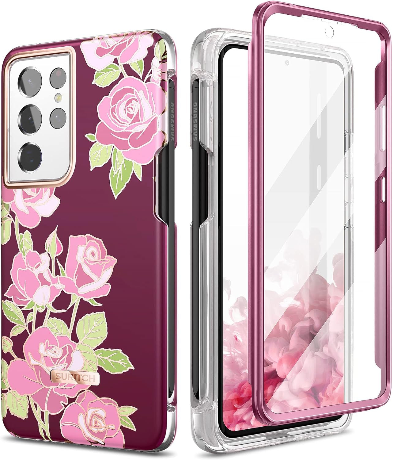 SURITCH Phone Case for Samsung Galaxy S21 Ultra with S-Pen Holder Front Cover Built-In Screen Protector Upgraded Dual-Layer Full Body Protection Anti-Scratch Shockproof for Woman Man, Purple Marble  SURITCH Pink Rose  