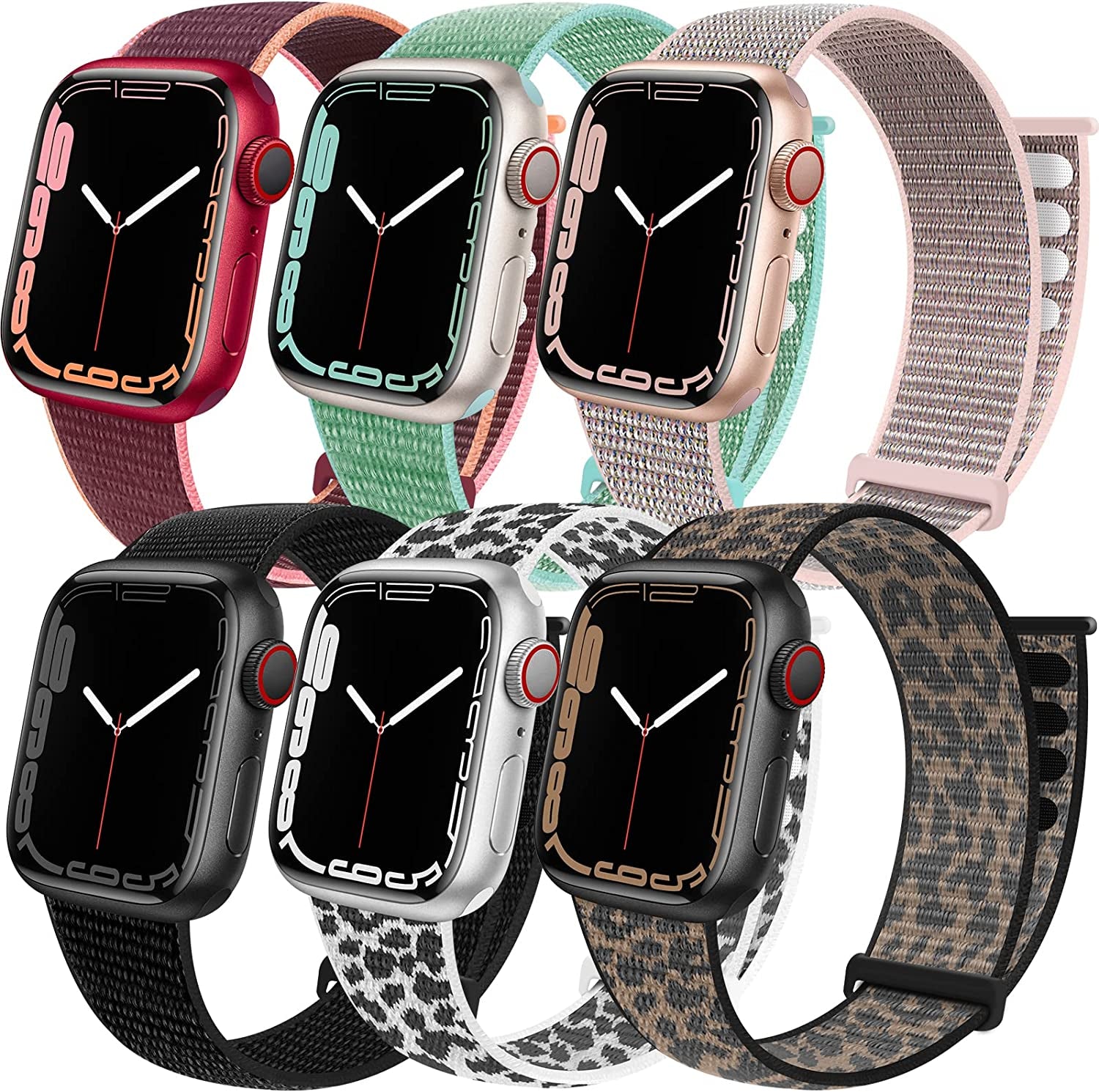 6 Pack Sport Loop Band Compatible with Apple Watch Band 38Mm 40Mm 41Mm 42Mm 44Mm 45Mm 49Mm Iwatch Series 8 7 6 5 SE 4 3 2 1 Ultra Strap Nylon Weave Women Men Stretchy Braided Replace Wristband Breathable  HILIMNY Dark Black/Plum/Pink Sand/Marine Green/Brown Leopard/White Leopard 42mm/44mm/45mm/49mm 