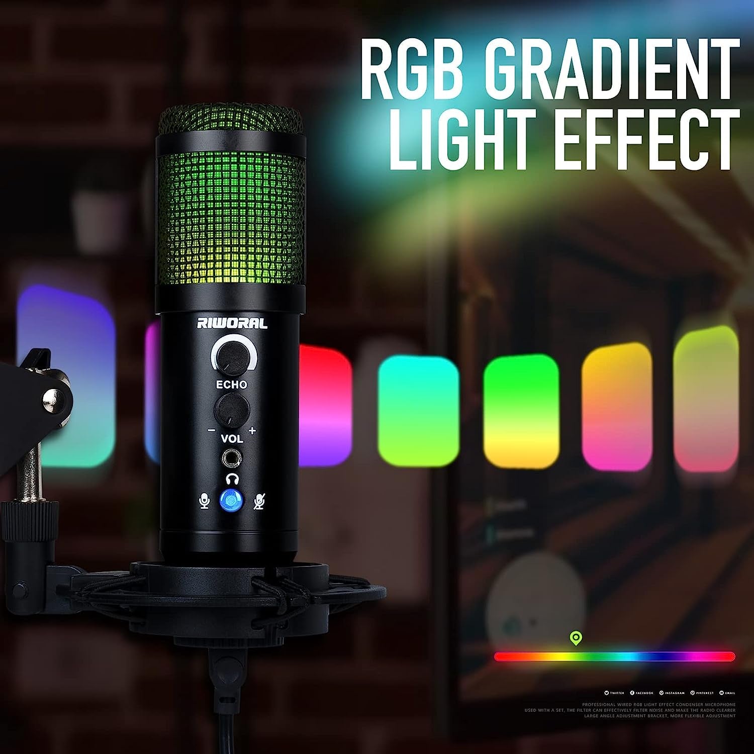 Riworal USB Microphone Gaming Microphone with Adjustable Boom Arm RGB Condenser Mic Kit Plug & Play Studio Recording Microphone for Smartphone Laptop Ps4 Ps5  Riworal   