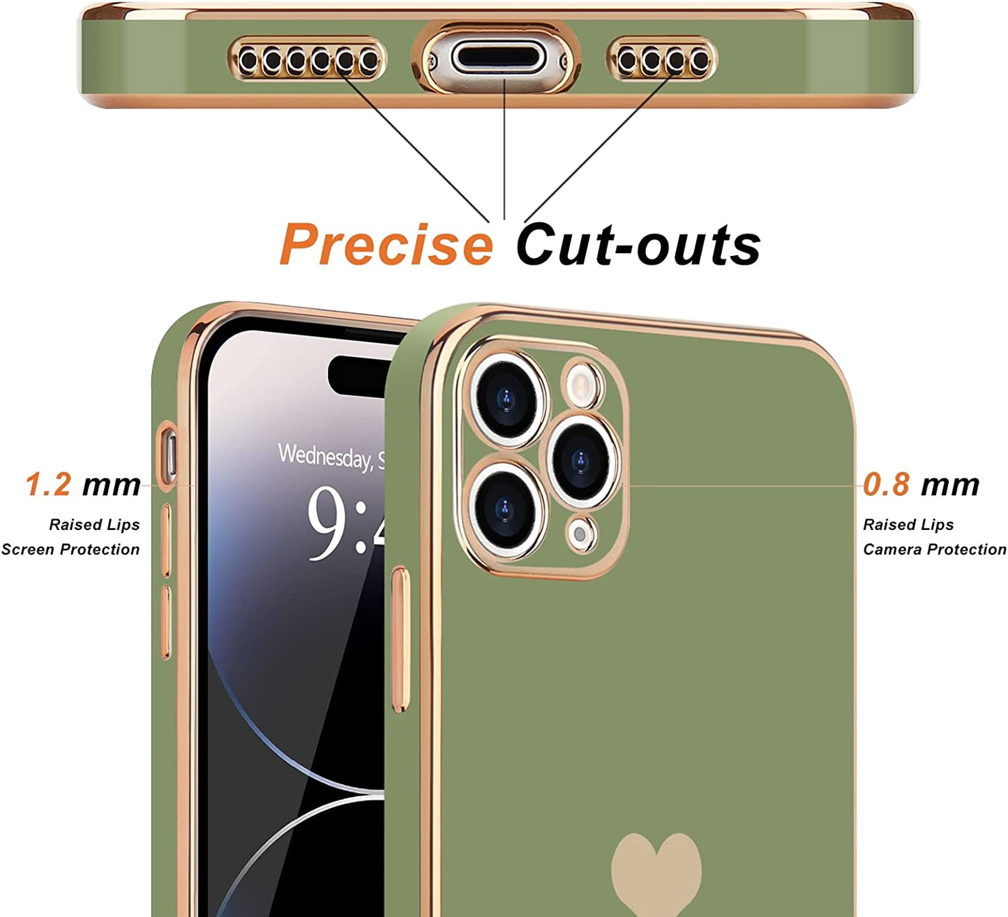 Teageo for Iphone 14 Pro Case for Women Girl Cute Love Heart Luxury Plating Soft Bling Back Cover Raised Full Camera Protection Bumper Silicone Shockproof Phone Case for Iphone 14 Pro, Green  janzee   