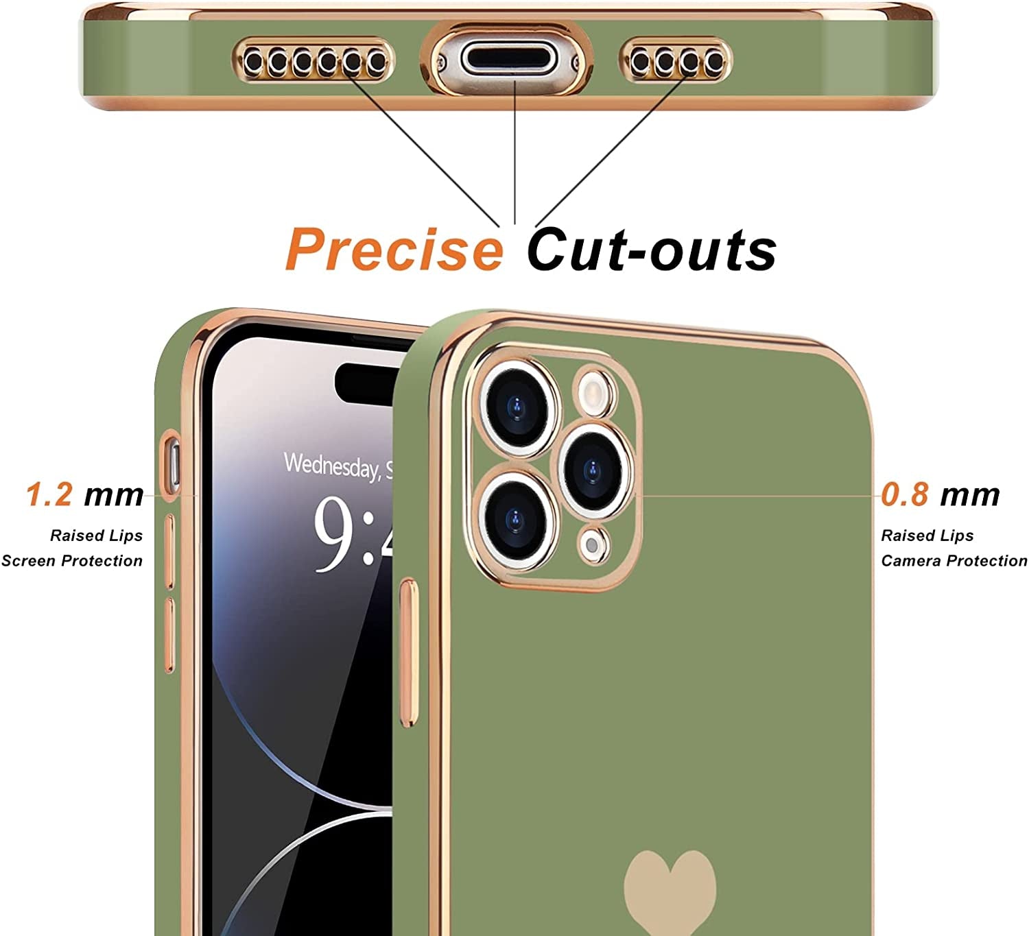 Teageo for Iphone 14 Pro Case for Women Girl Cute Love Heart Luxury Plating Soft Bling Back Cover Raised Full Camera Protection Bumper Silicone Shockproof Phone Case for Iphone 14 Pro, Green  janzee   