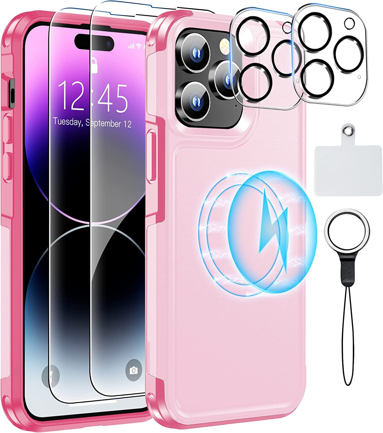 MOZOTER Magnetic for Iphone 14 Pro Max Phone Case [Compatible with Magsafe][Military Grade Drop Protection][Glass Screen Protector+Camera Lens Protector] Heavy Duty Shockproof Case 6.7 Inch-Black  MOZOTER Light Pink  