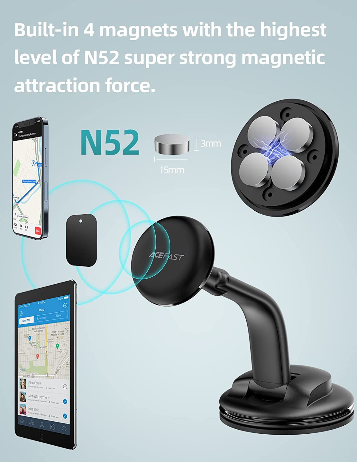 ACEFAST Magnetic Phone Car Mount, Universal Phone Car Holder Low Installation Height Built-In Four N52 Super Strong Magnets Large Sticky Base Suction Cup Dashboard Windshield Flexible Installation  ACEFAST   