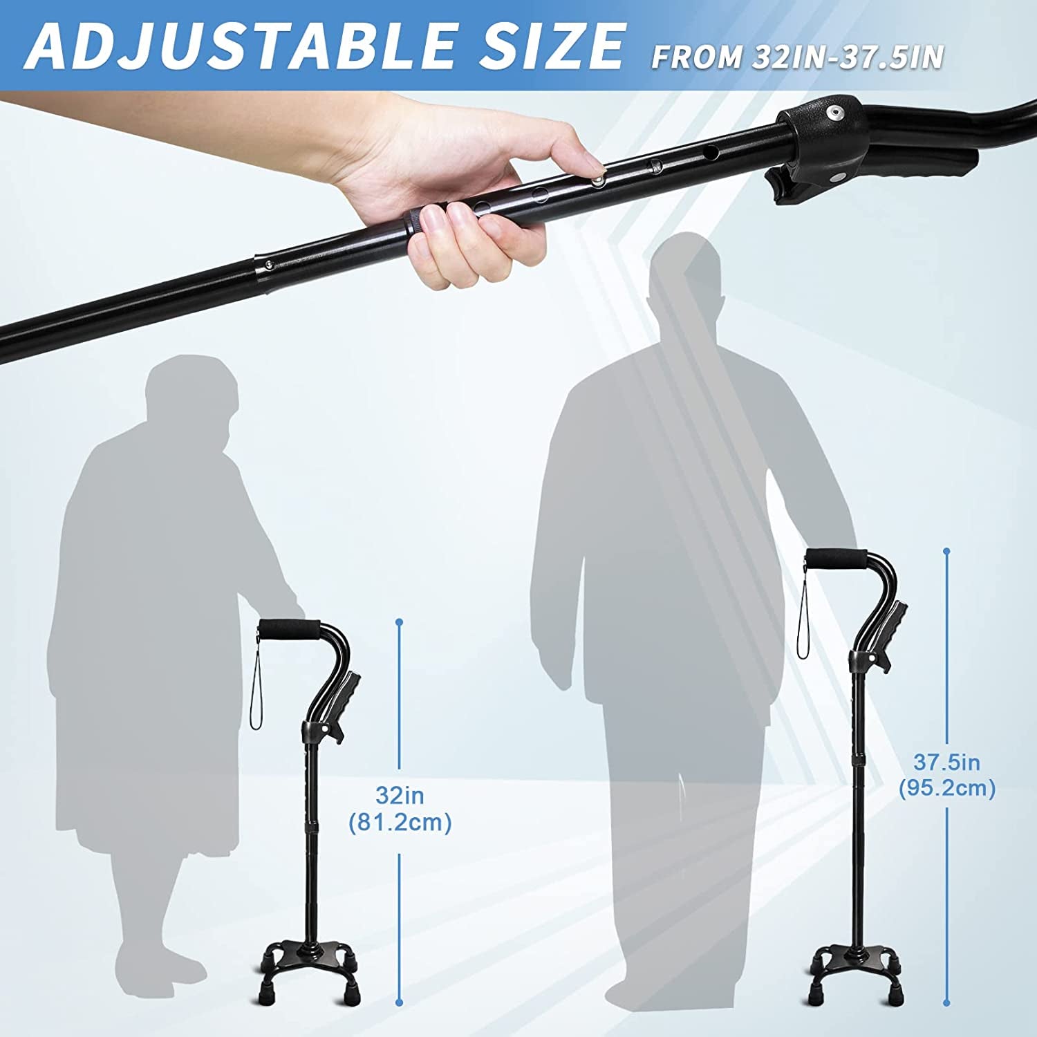 Adjustable Walking Cane for Men & Women with 4-Pronged Base for Extra Stability - Foldable Cane for Seniors with Foam Padded Offset Handle for Soft Grip & a Second Handle for Standing Black  KingPavonini   