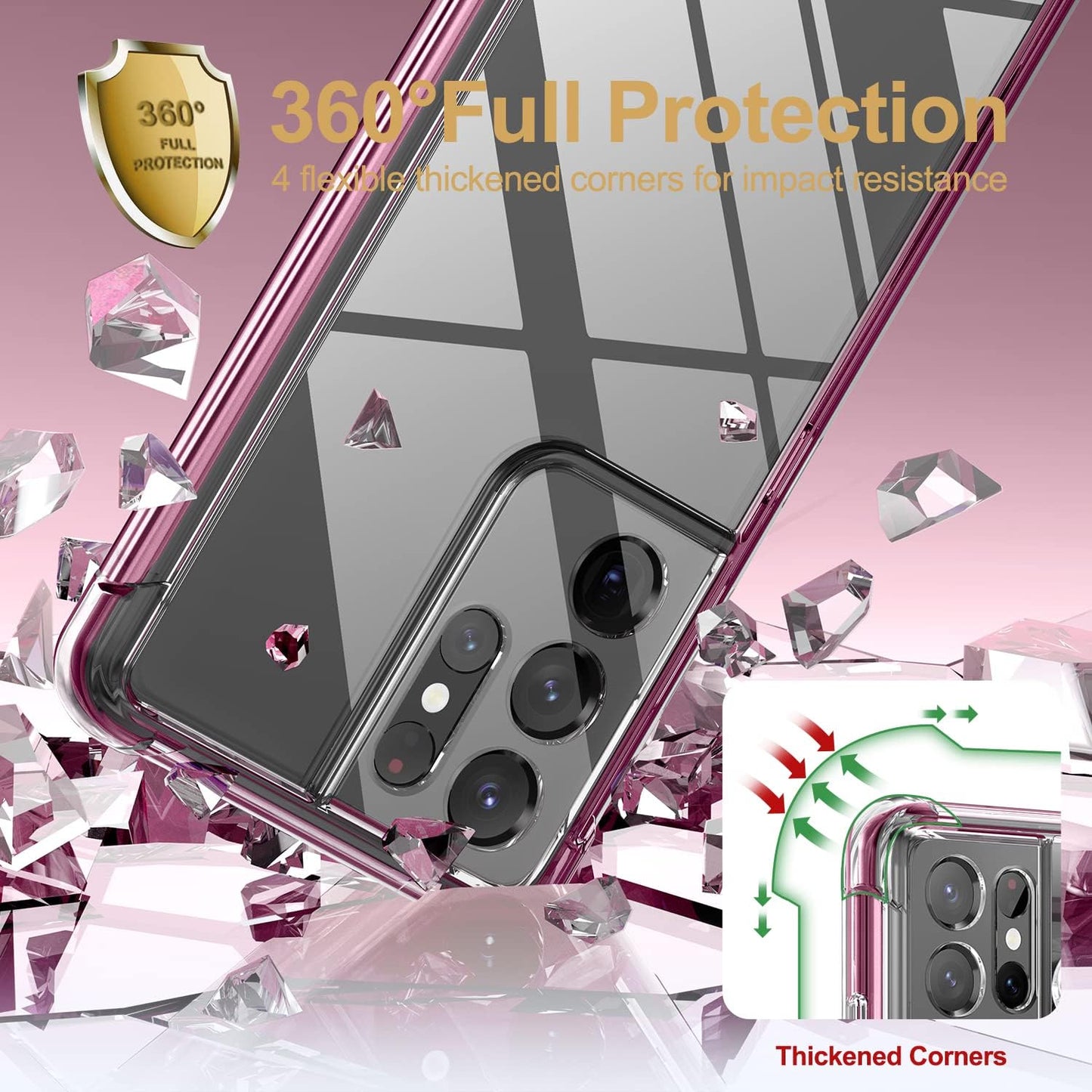 SURITCH for Samsung Galaxy S21 Ultra Clear Case 6.8" (Only), [Built-In Screen Protector] Full Body Protective Hard Shell+Soft TPU Phone Case for Samsung S21 Ultra -(Dark Magenta Edge)  SURITCH   