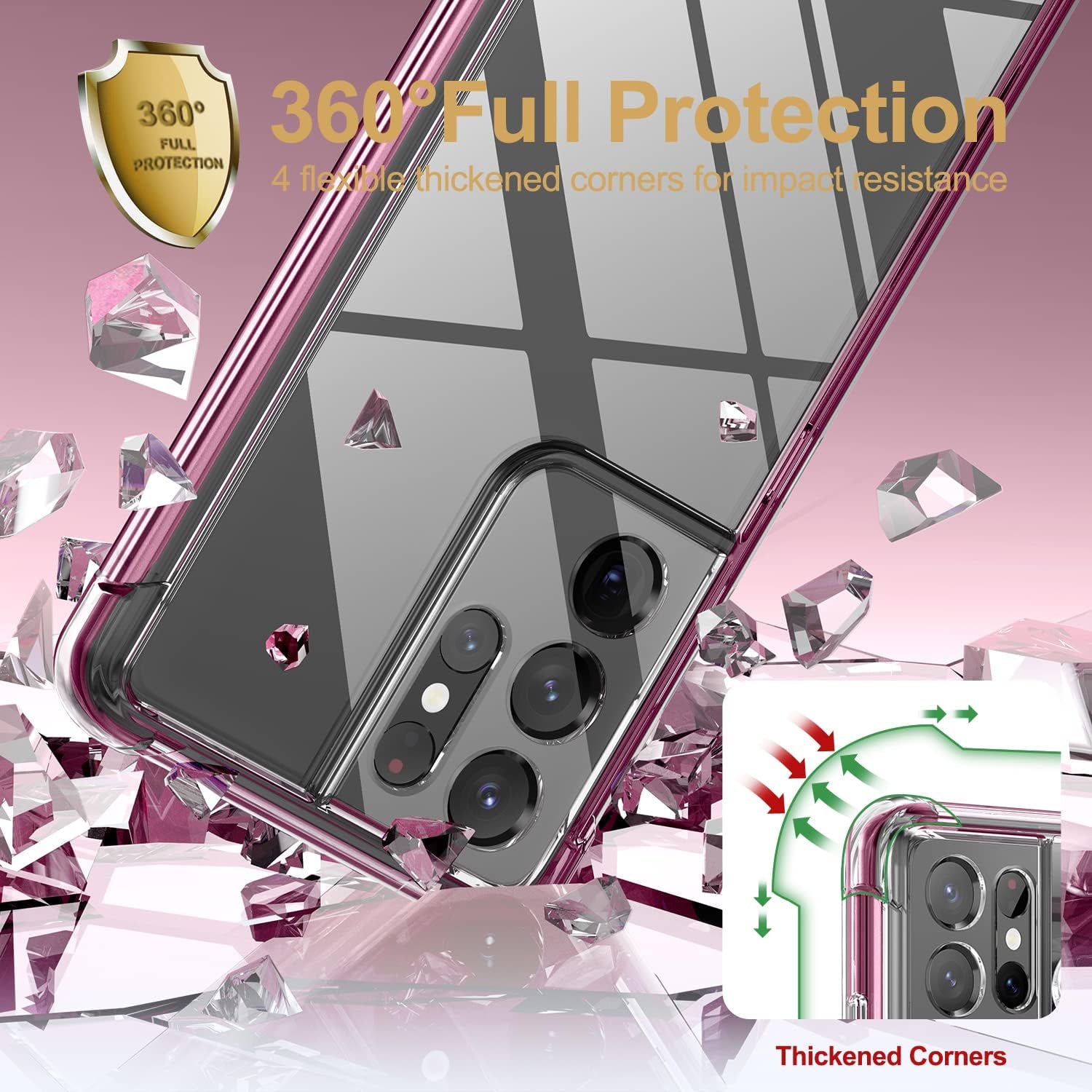 SURITCH for Samsung Galaxy S21 Ultra Clear Case 6.8" (Only), [Built-In Screen Protector] Full Body Protective Hard Shell+Soft TPU Phone Case for Samsung S21 Ultra -(Dark Magenta Edge)  SURITCH   