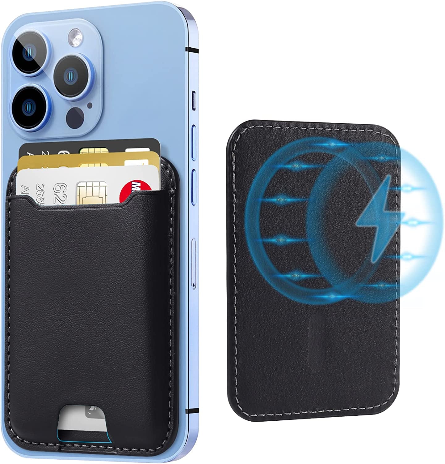 Topmade for Magsafe Wallet, Magnetic Wallet Card Holder for Iphone 14, Iphone 13/12 Series, Leather Magnetic Phone Wallet with Powerful Magnet, Credit Card RFID Blocking, Fit 3 Cards, Wisteria Purple  TopMade Black  