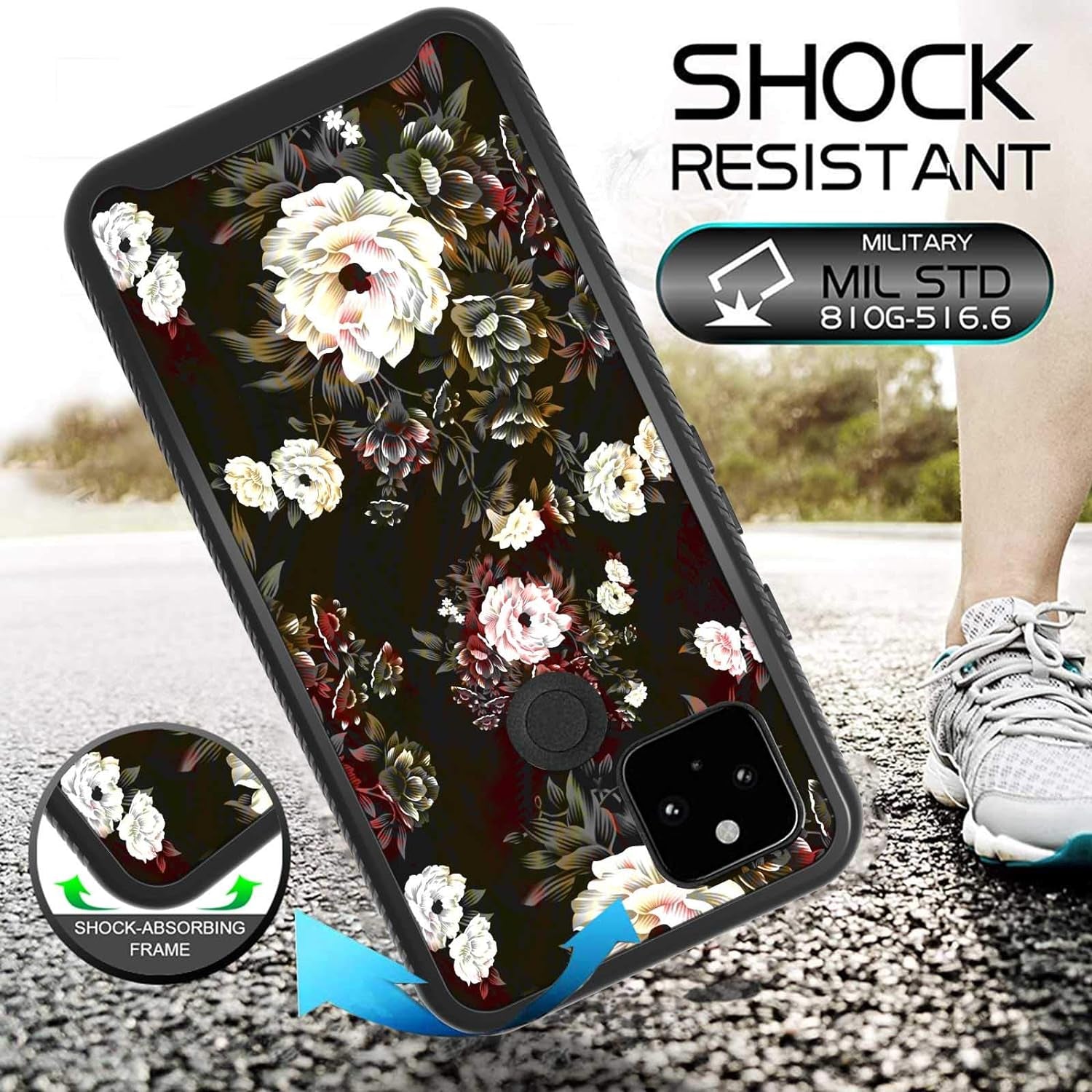 Shinymax Pixel 5 Case with Roses Design,Google Pxiel 5 Phone Case,Hybrid Triple Layer Armor Protective Cover Flexible Sturdy Anti-Scratch Shockproof Bumper Cute Case for Women and Girls-Flowers/Black  ShinyMax   