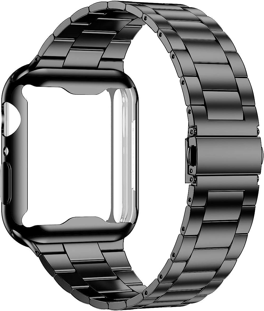 Wolait Compatible with Apple Watch Band 42Mm 44Mm 45Mm 49Mm 38Mm 40Mm 41Mm with Case, Upgraded Business Stainless Steel Band with Screen Protector Cover for Iwatch Series 8/7/6/SE Series 5/4/3/2/1  Wolait Black 42mm 