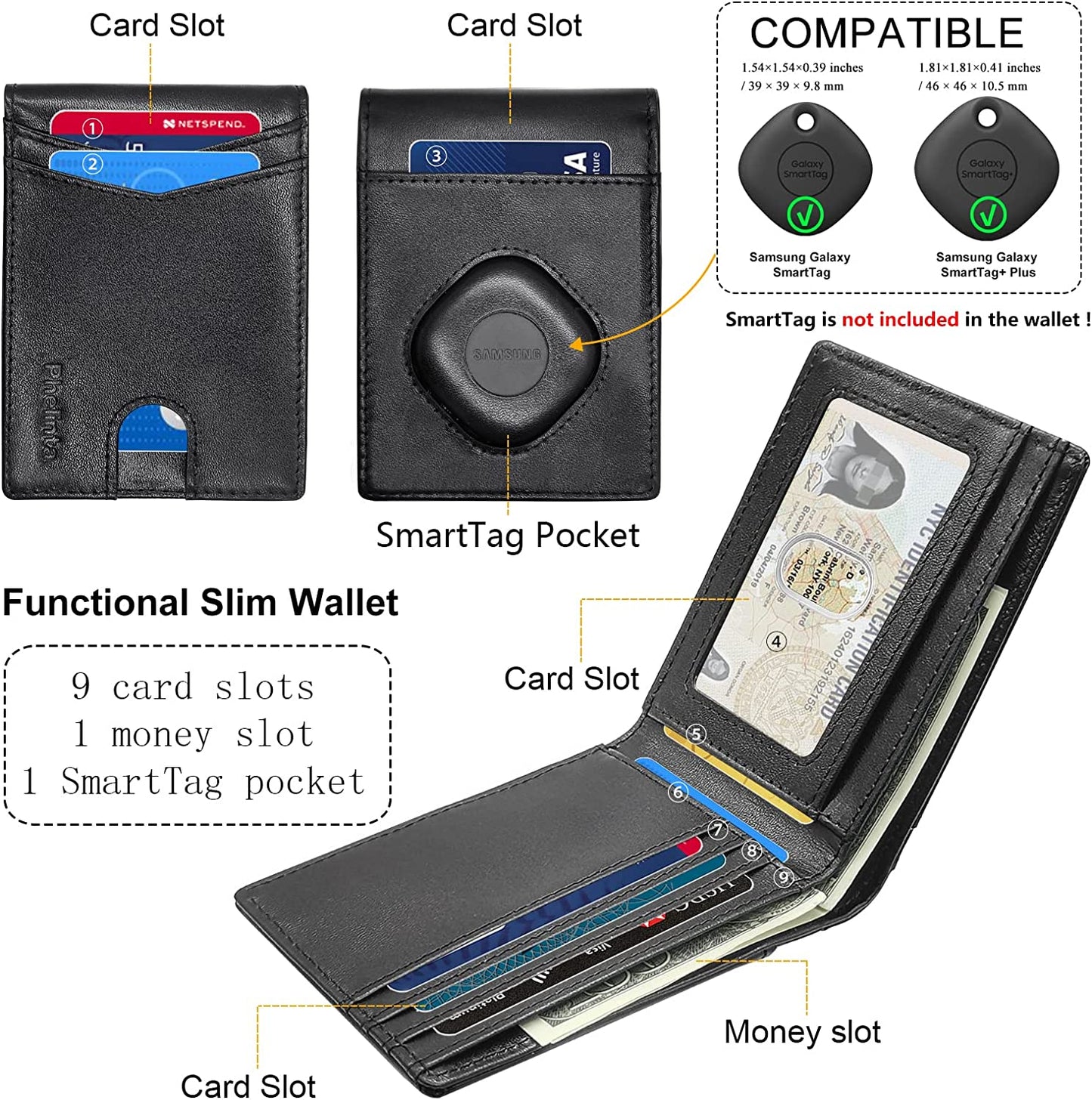 Wallet for Men Compatible with Samsung Smart Tag Plus/Smart Tag Wallet, RFID Blocking Bifold Wallet with Galaxy Smarttag Plus/Smarttag Holder, Genuine Leather Cash Credit Card Holder with Gift Box  Phelinta   