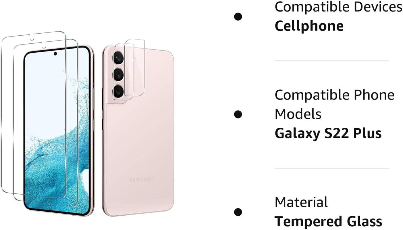Galaxy S22 plus Tempered Glass Screen Protector + Camera Lens Protector [ 2 + 2 Pack ][Case Friendly][Anti-Scratch][Ultrasonic Fingerprint Unlock] Clear HD Protective Film for Samsung Galaxy S22 Plus  BIGFACE   