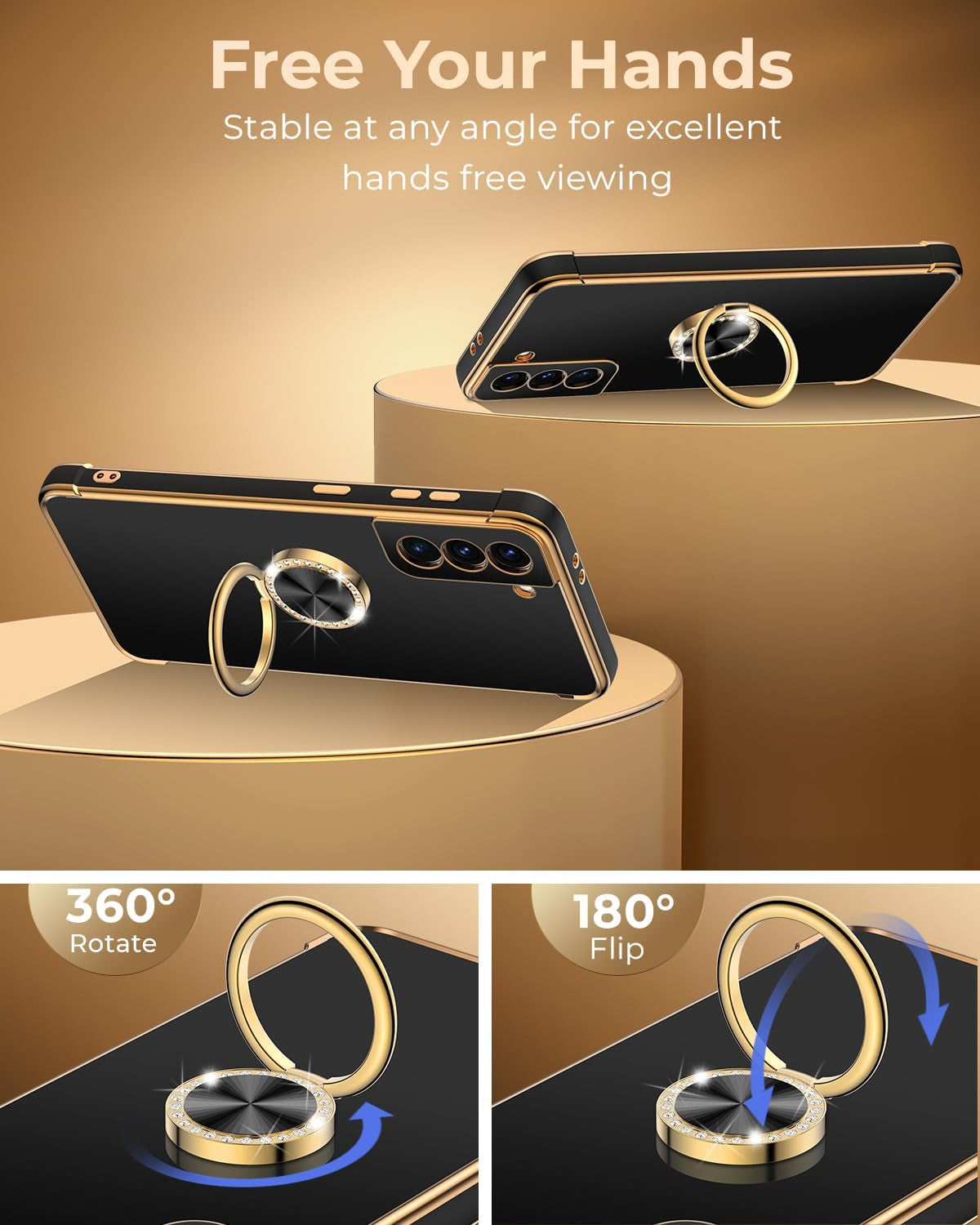 Miss Arts for Samsung Galaxy S21 plus Case, Ring Holder Stand Luxury Bling Electroplated Phone Case with Strap, Cute Soft TPU for Samsung S21 plus Cover for Women Girls, Black  Miss Arts inc   