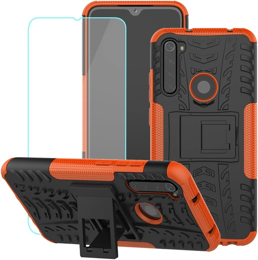 Yerebel for Redmi Note 8 (2019/2021) M1908C3JH Case with Tempered Glass Screen Protector, with Kickstand Hard PC Back Cover Soft TPU Dual Layer Protection Phone Cover for Xiaomi Redmi Note 8 (Orange)  Yerebel   