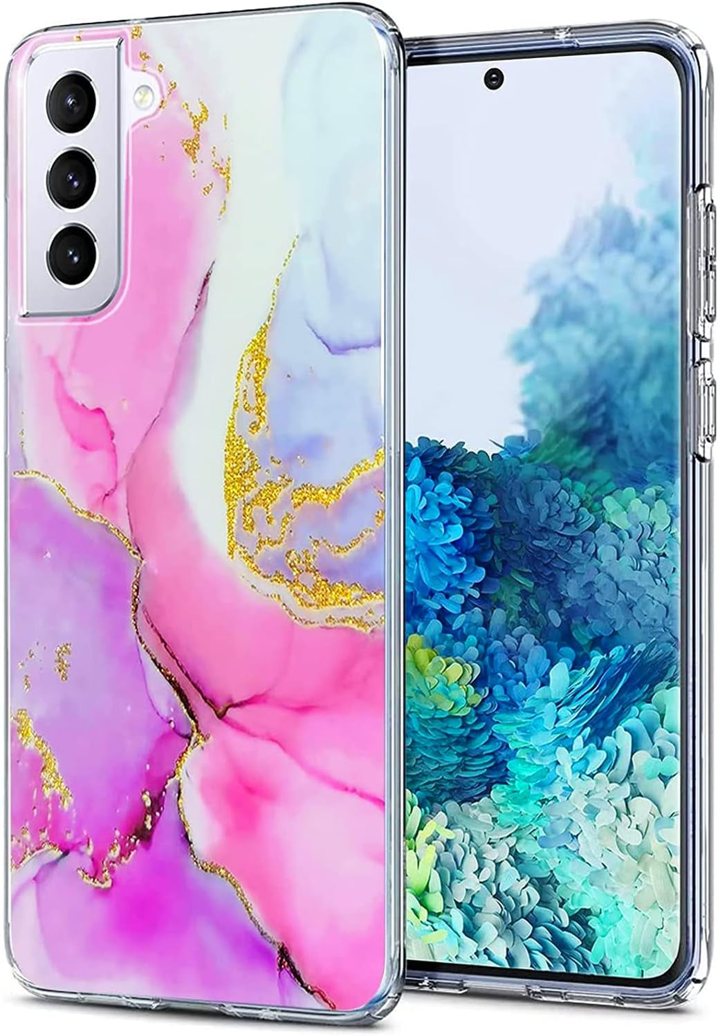 J.West Designed for Samsung Galaxy S21 Case Shiny Glitter Pink Marble Slim Fit Flexible Soft Silicone Rubber TPU Bumper Cover Skin Shockproof Protective Phone Case for Galaxy S21 5G Case  J.west   