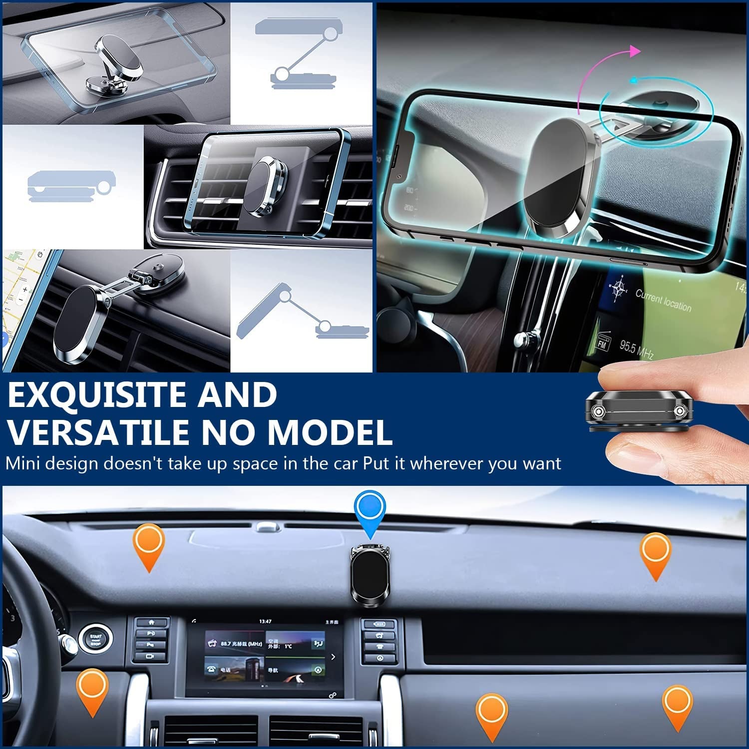 2 Pack Alloy Folding Magnetic Car Phone Holder,360° Rotation Magnetic Cell Phone Holder for Car [Super Strong Magnet] Bracket Magnetic Dashboard Phone Car Mount for All Smartphone (Black+Silver)  Rednow   