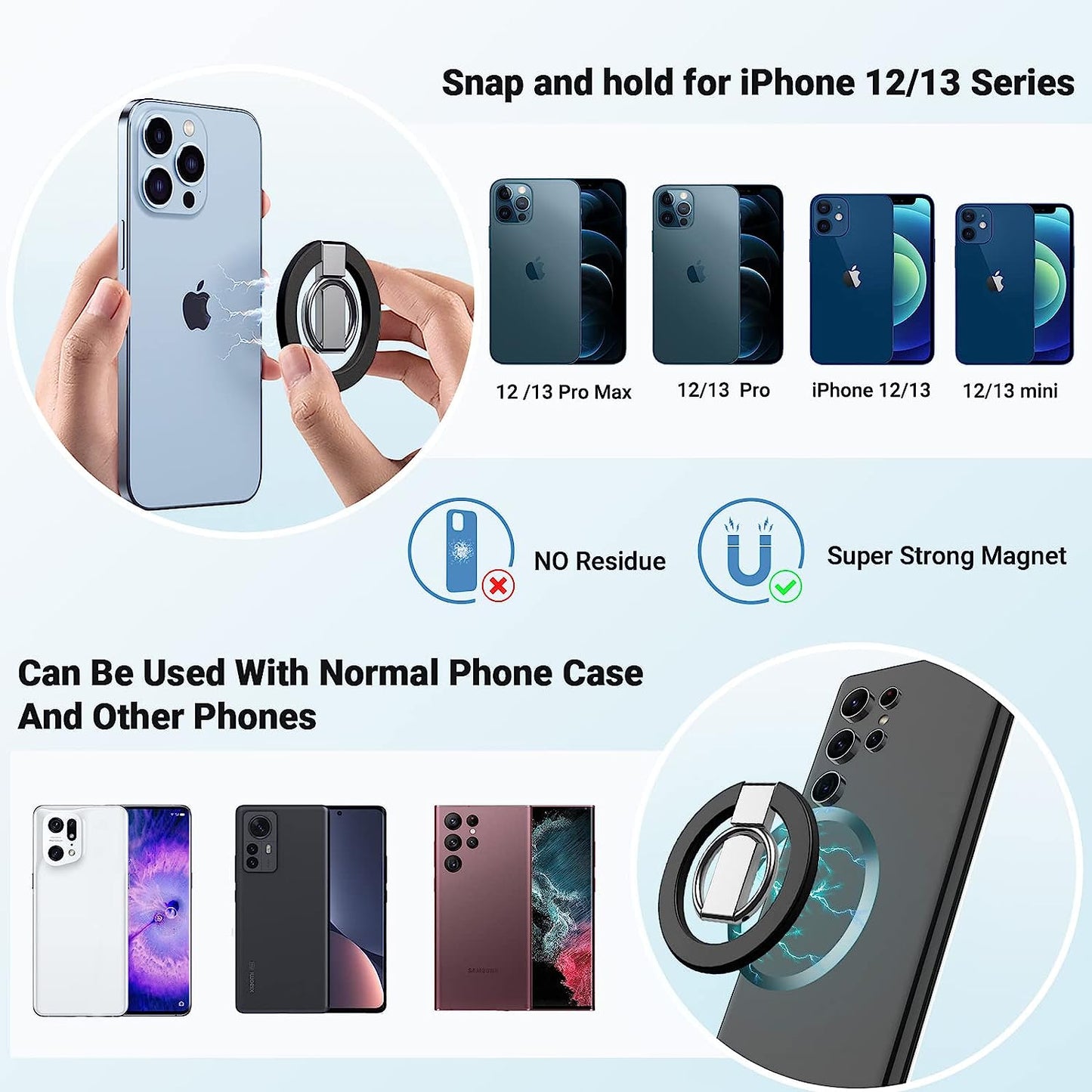 Magnetic Phone Ring Stand for Iphone 14 13 12 Pro Max/Pro/Mini, Compatible with Magsafe Foldable &Adjustable Finger Ring Grip for Wireless Charging -Black  OUTXE   